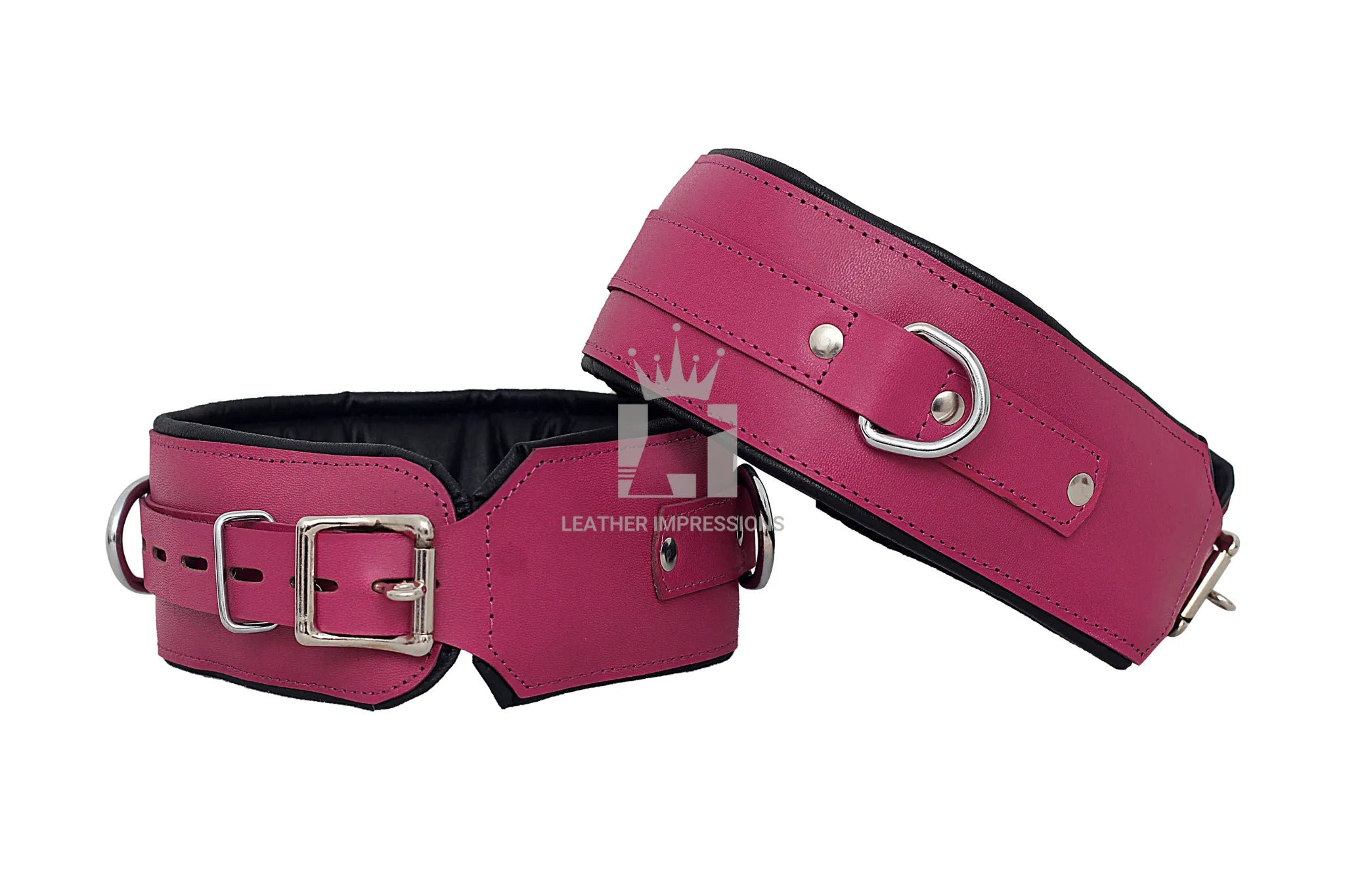purple leather bondage set, full body leather restraints, wrist ankle thigh neck bondage gear, cowhide BDSM restraints, padded leather cuffs with D-rings, adjustable bondage cuff set, purple BDSM accessories, luxury leather bondage kit