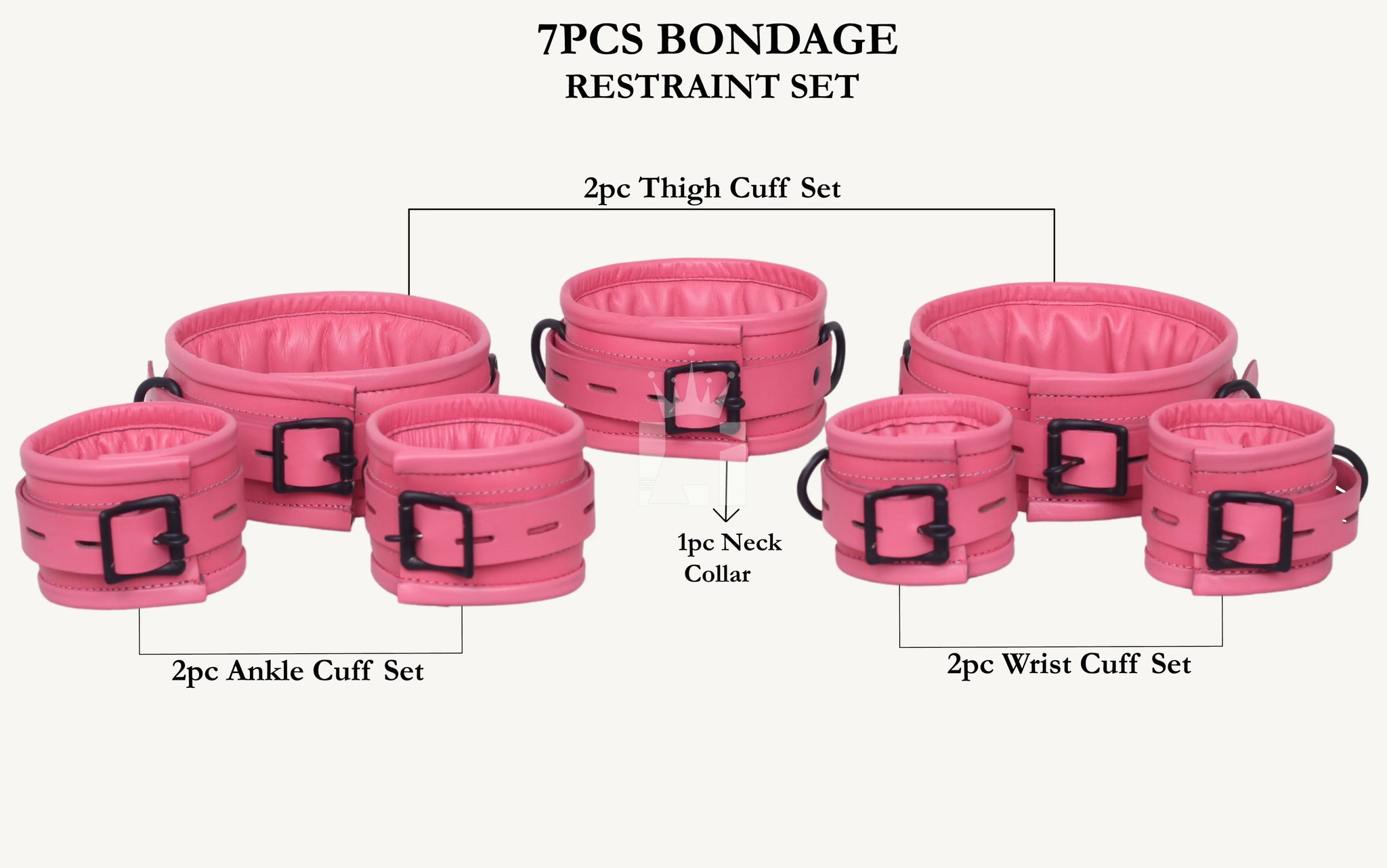 Labeled image of a 7-piece pink leather cuffs set including 2 thigh cuffs, 2 ankle cuffs, 2 wrist cuffs, and 1 padded neck collar, all featuring black buckles and D-rings for BDSM use.