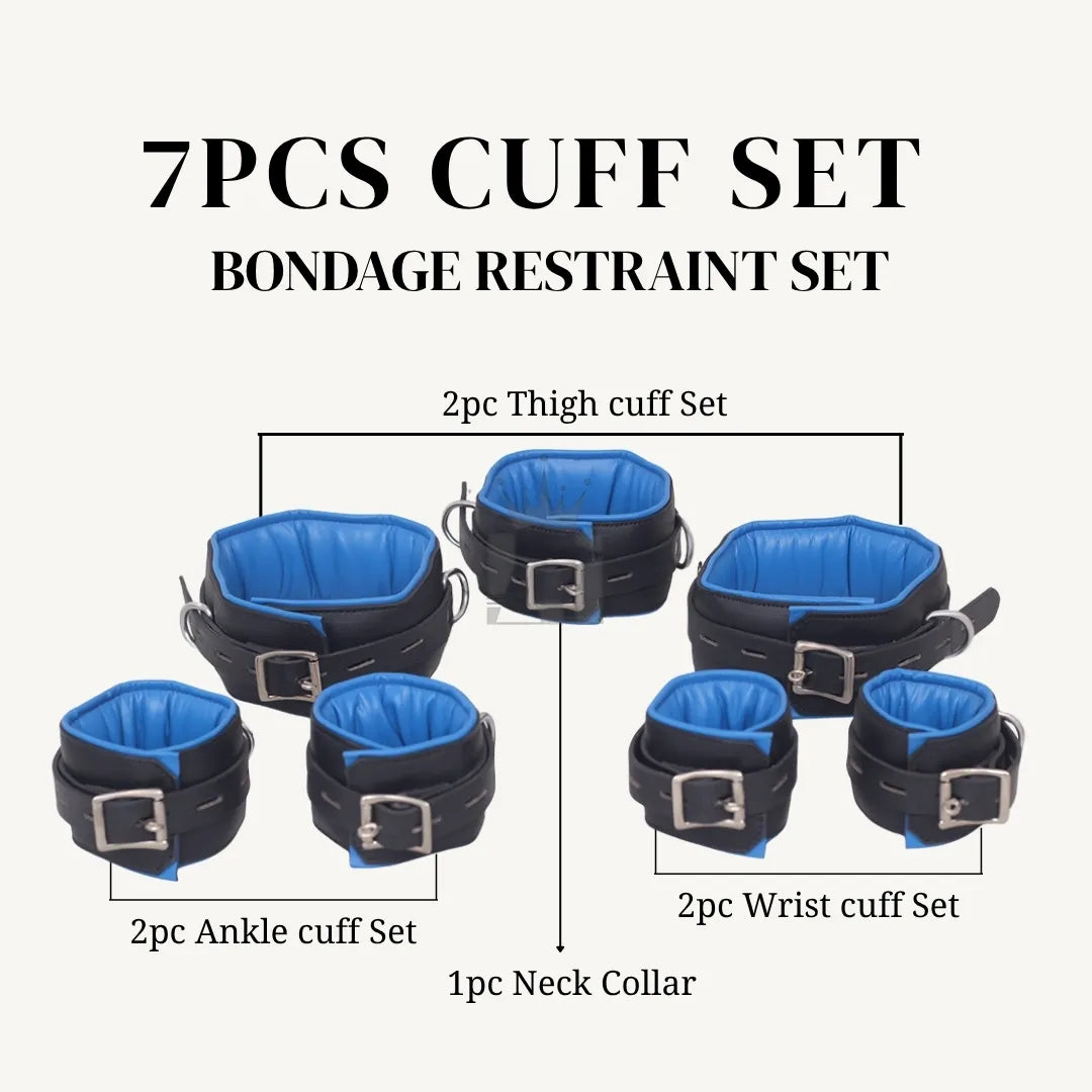 Full bondage cuff set including 1 neck collar, 2 thigh cuffs, 2 wrist cuffs, and 2 ankle cuffs in black leather with blue padding.