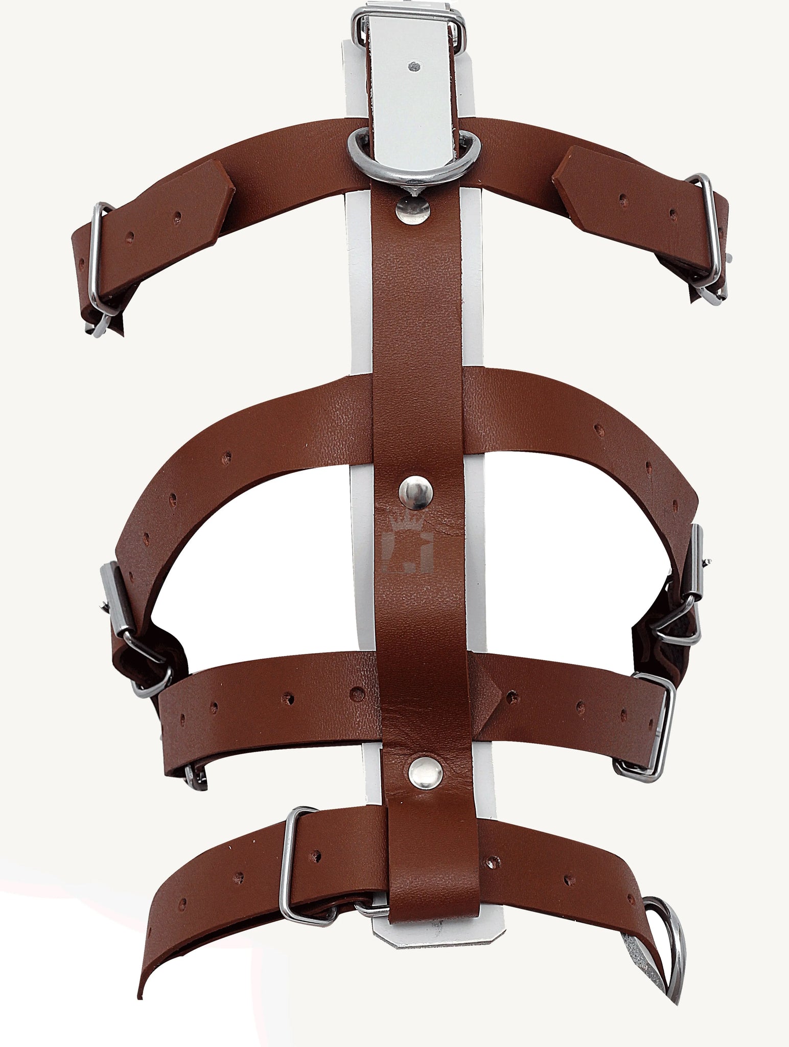 A direct back view of the white and brown Genuine Leather Bondage Muzzle, showing the white leather base with cutouts and the arrangement of brown straps, rivets, and metal D-rings.