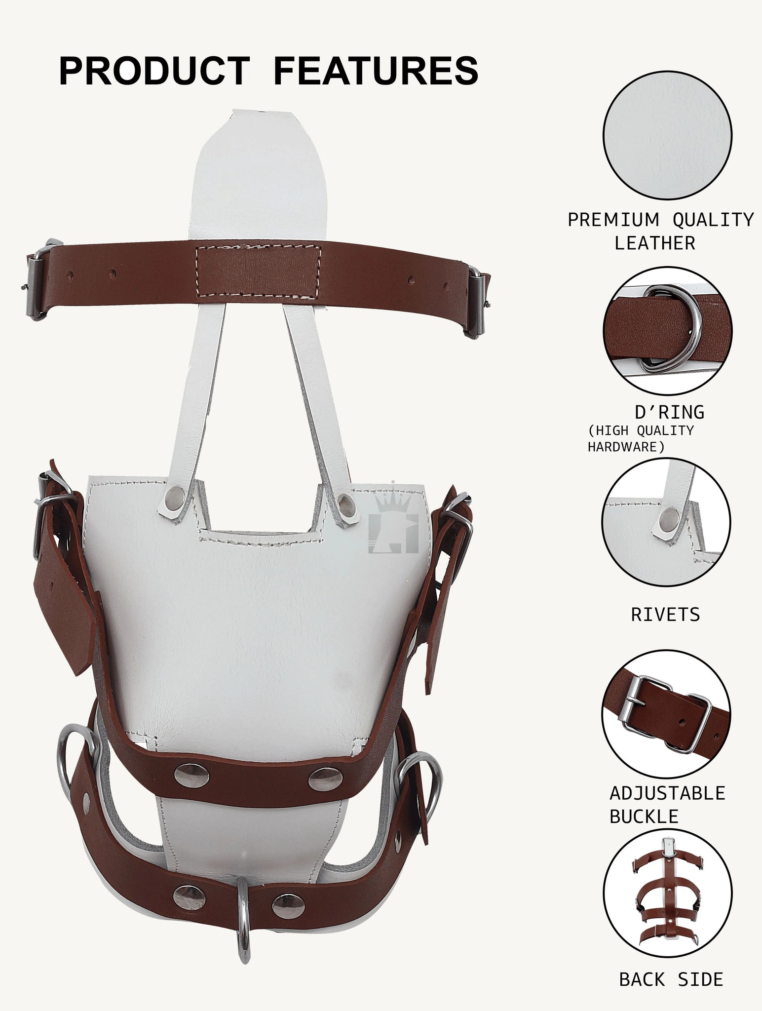 A product features a graphic for a Genuine Leather Bondage Muzzle. On the left is a back view of the white and brown harness. On the right, callouts point to features including "Premium Quality Leather," "D'Ring," "Rivets," and "Adjustable Buckle."