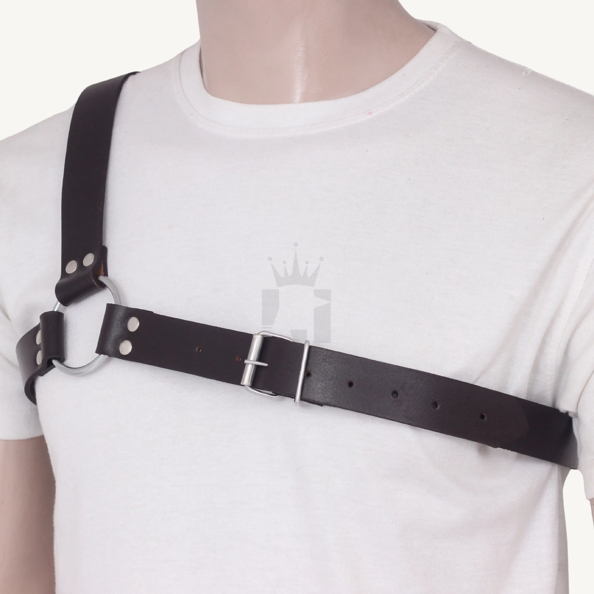 Angled front view of brown leather Chest harness with metal buckle and O-ring design.