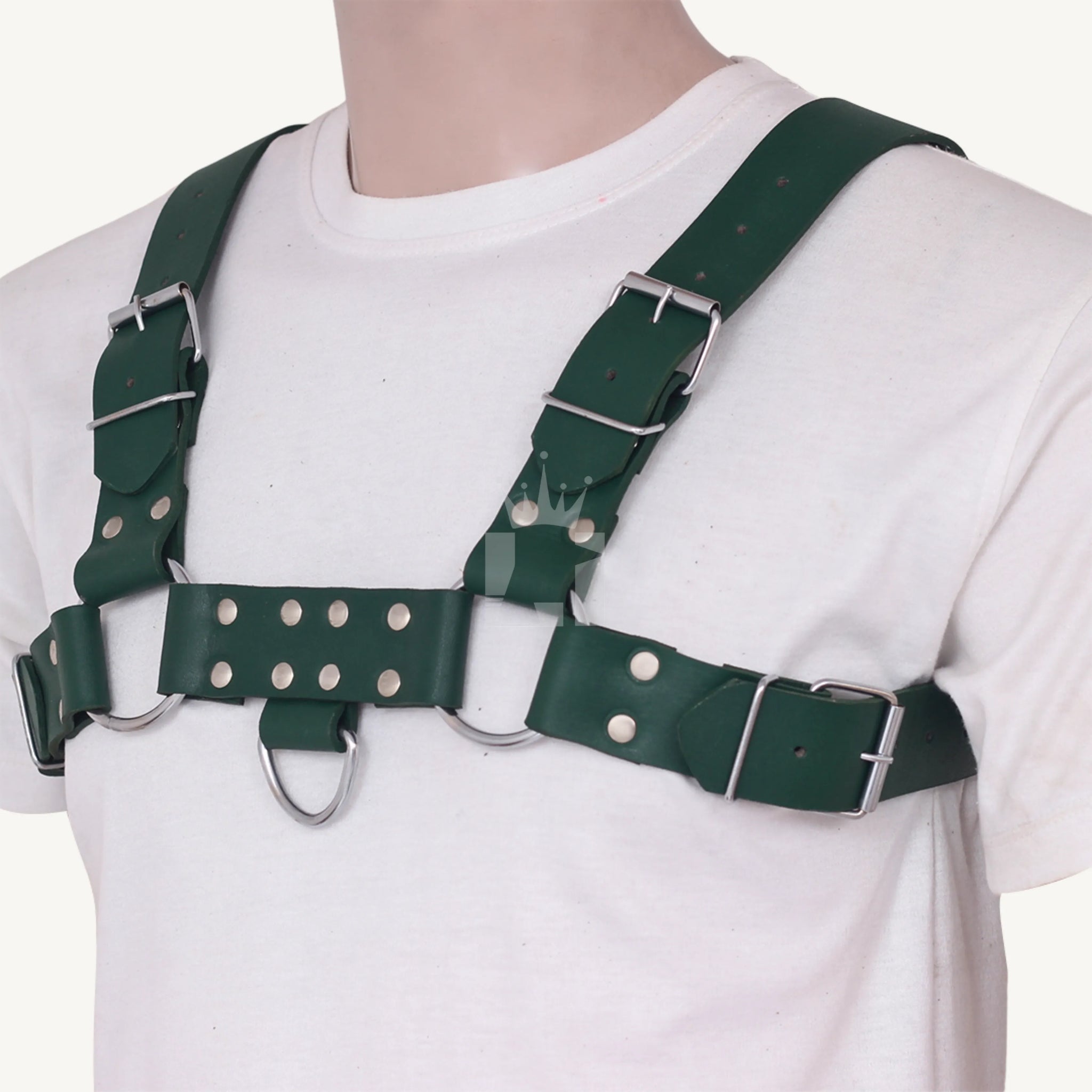 Angled front view of leather chest harness with adjustable straps and silver rivets.
