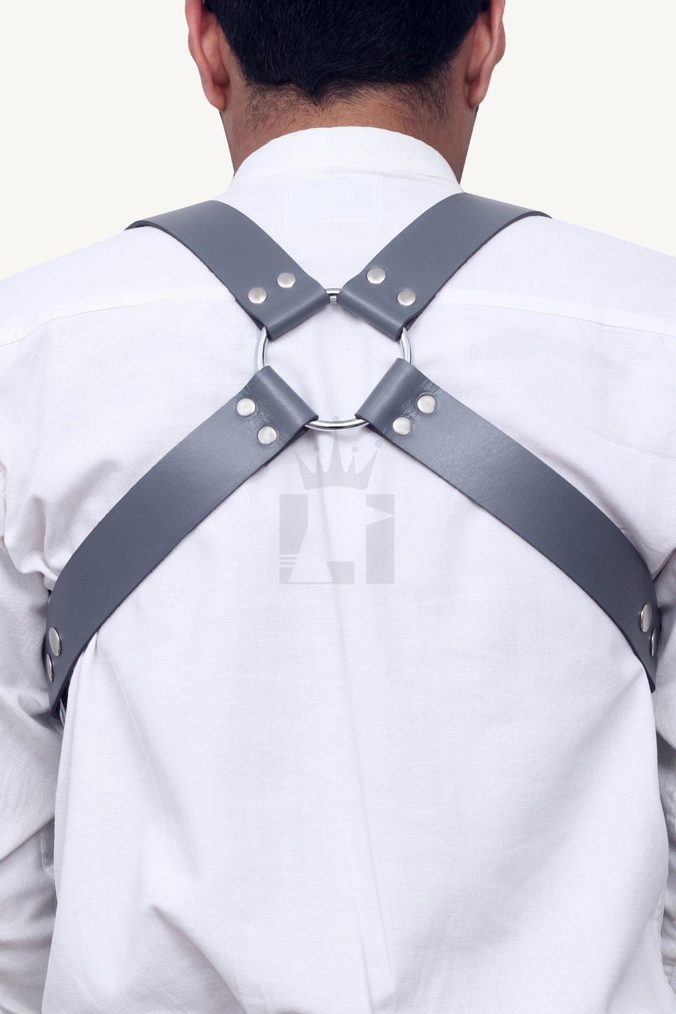 Rear view of leather harness with crisscross straps and O-ring connection.