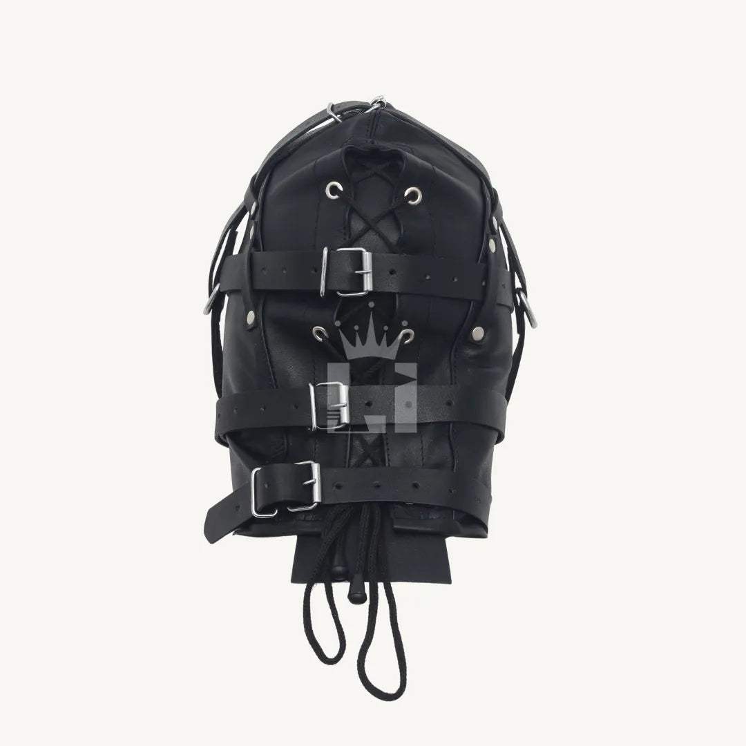 Rear view of black leather bondage hood with lace-up closure, straps, and multiple buckles.