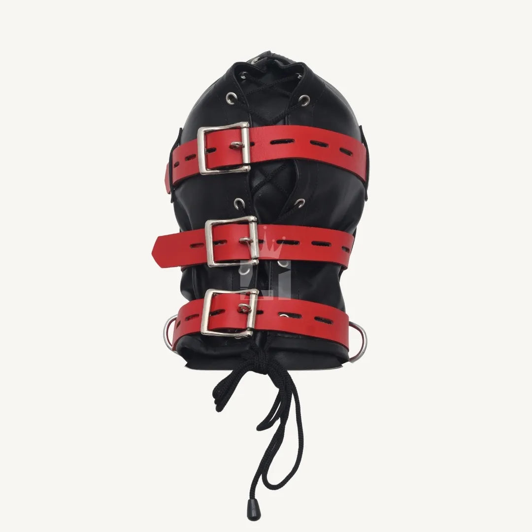 Rear view of black leather bondage hood featuring three adjustable red buckle straps and lace-up closure.