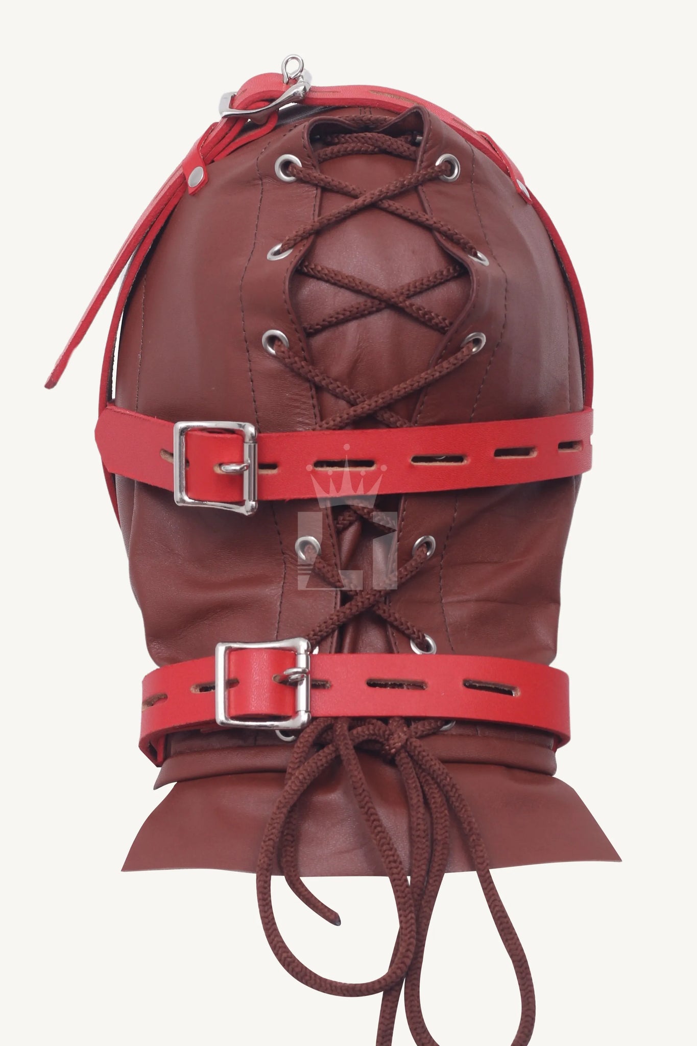 Rear view of leather bondage hood with lace-up design, red straps, and silver buckles.