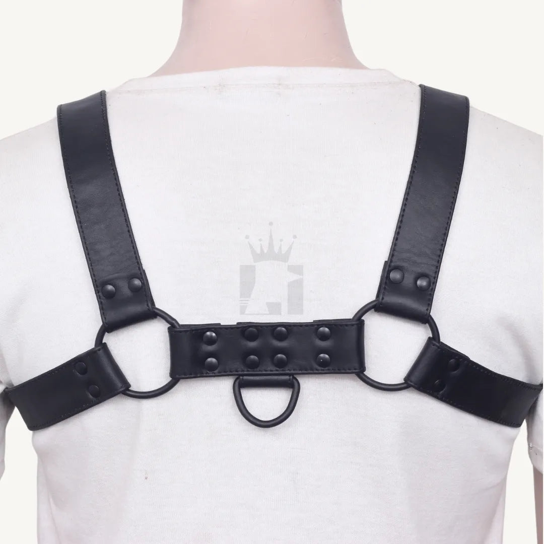 Rear view of black leather chest harness featuring dual O-rings and center D-ring connection.