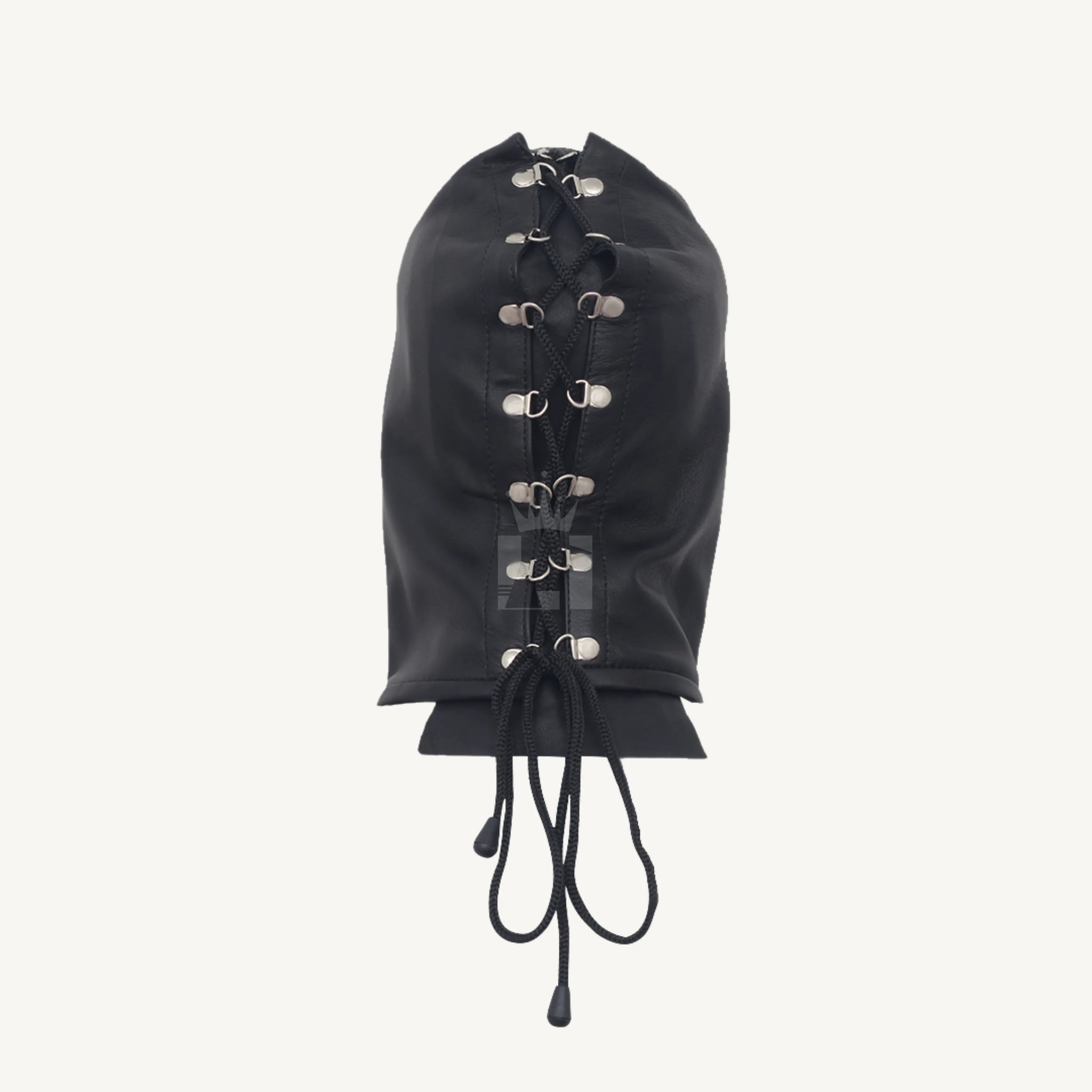Rear view of black bondage hood featuring lace-up closure with metal eyelets and cords for adjustment.