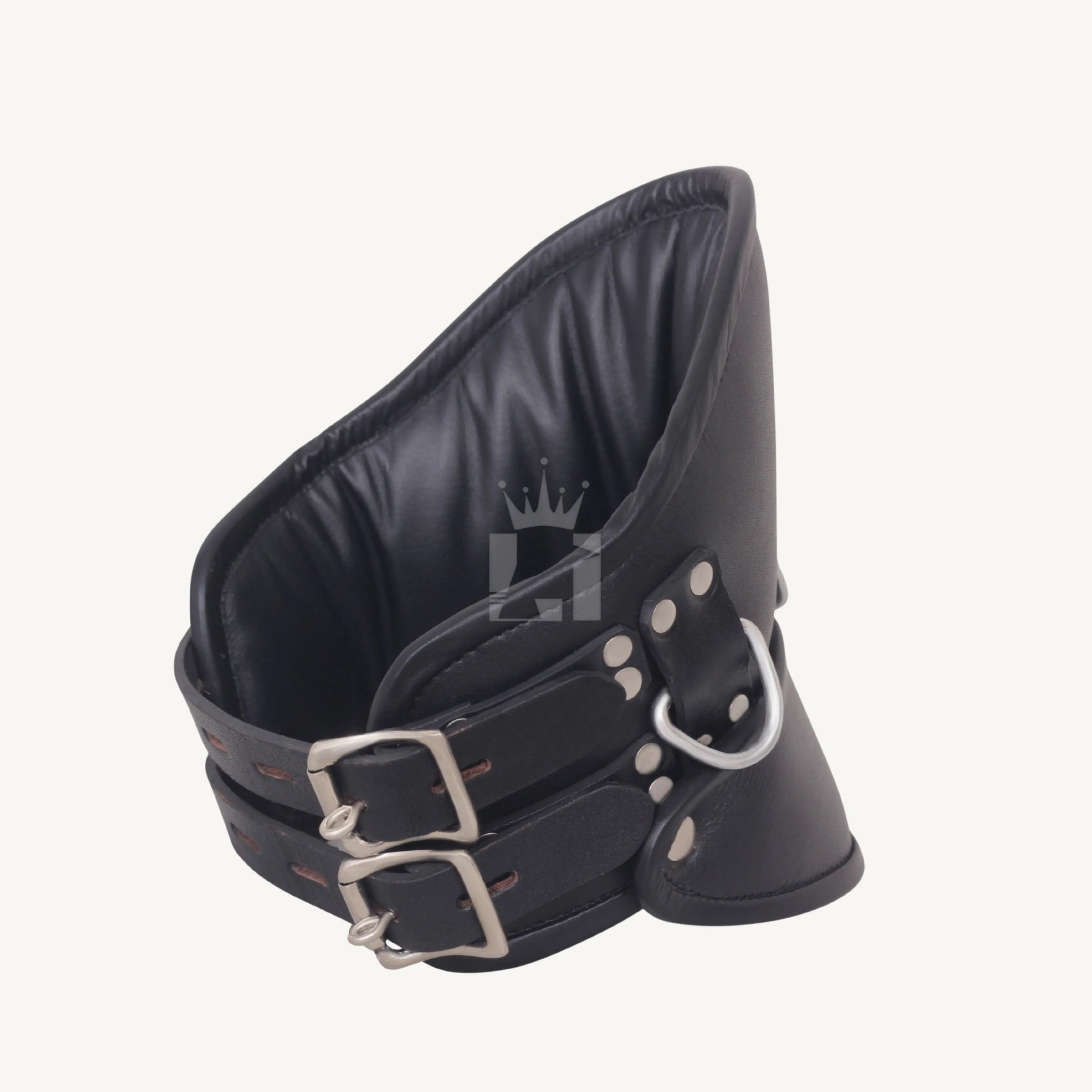 Rear view of black leather bondage collar showing dual buckled straps and padding.