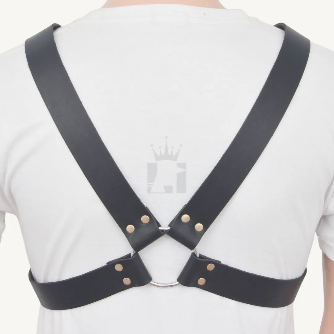 Rear view of leather harness featuring cross-back design with riveted O-ring.