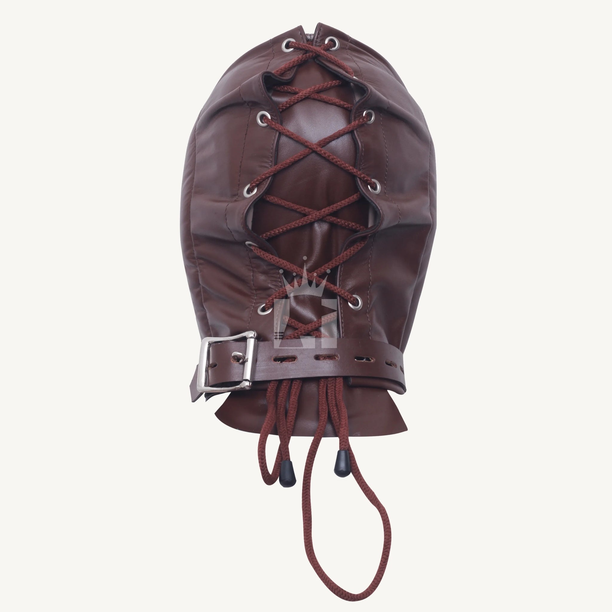 Rear view of a brown leather hood showing crisscross lace-up design, adjustable buckle strap, and reinforced stitching.