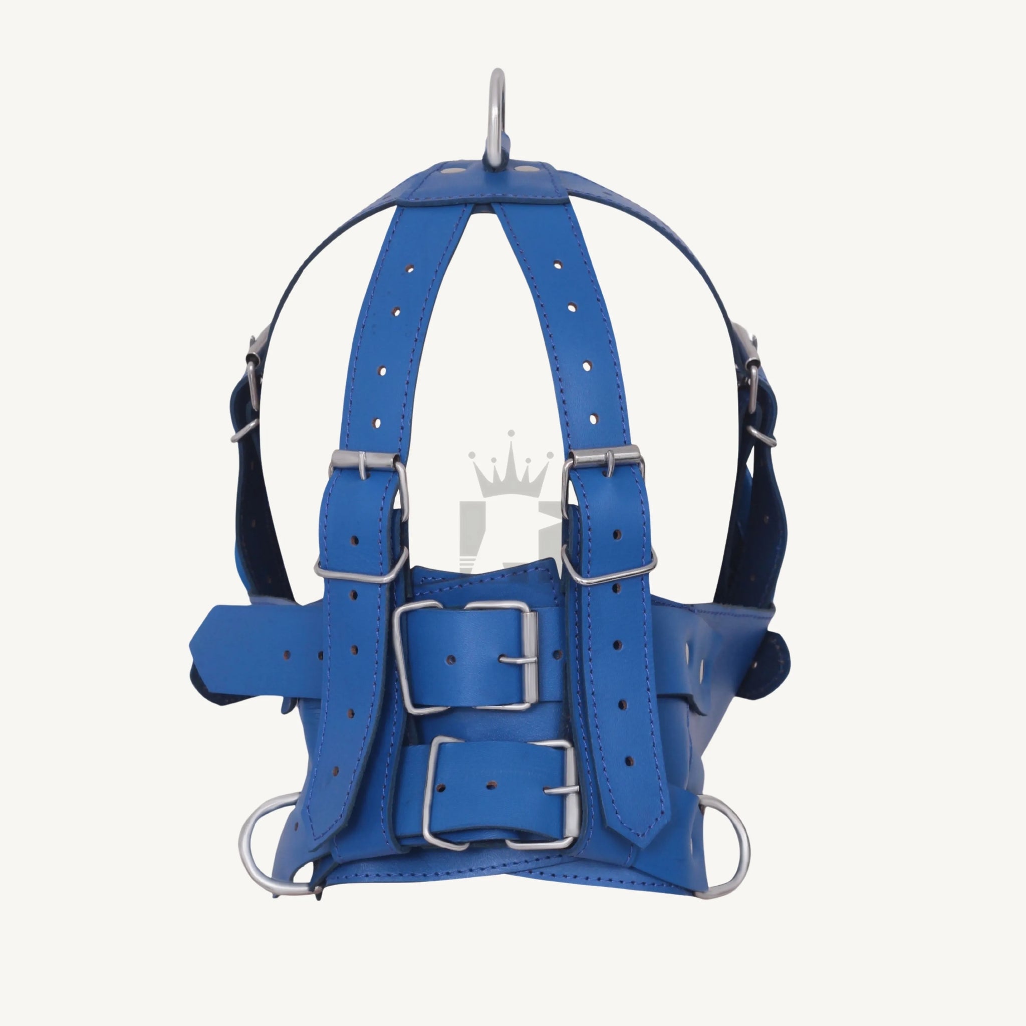 Rear view of a blue leather bondage muzzle showing adjustable straps and secure rivets.