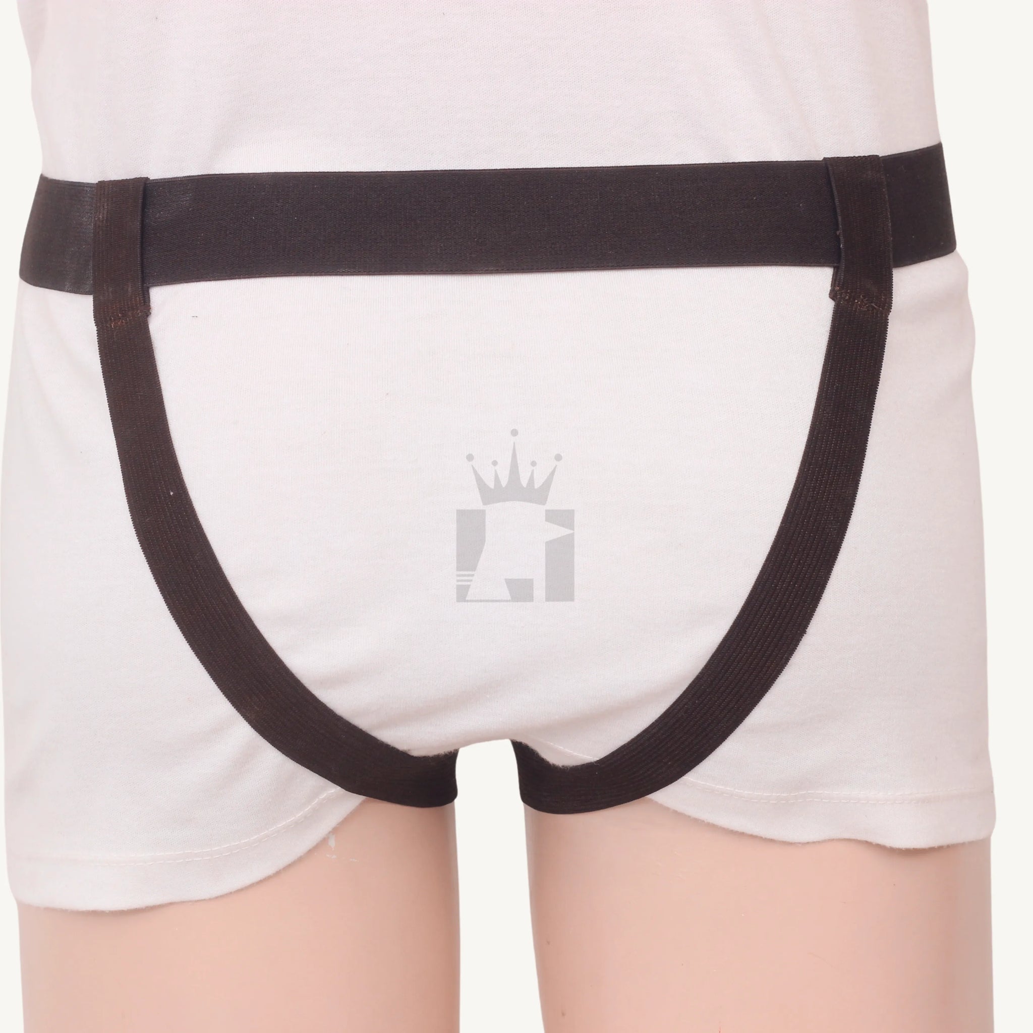 Rear view of leather jockstrap showing elastic waistband and supporting leg straps.