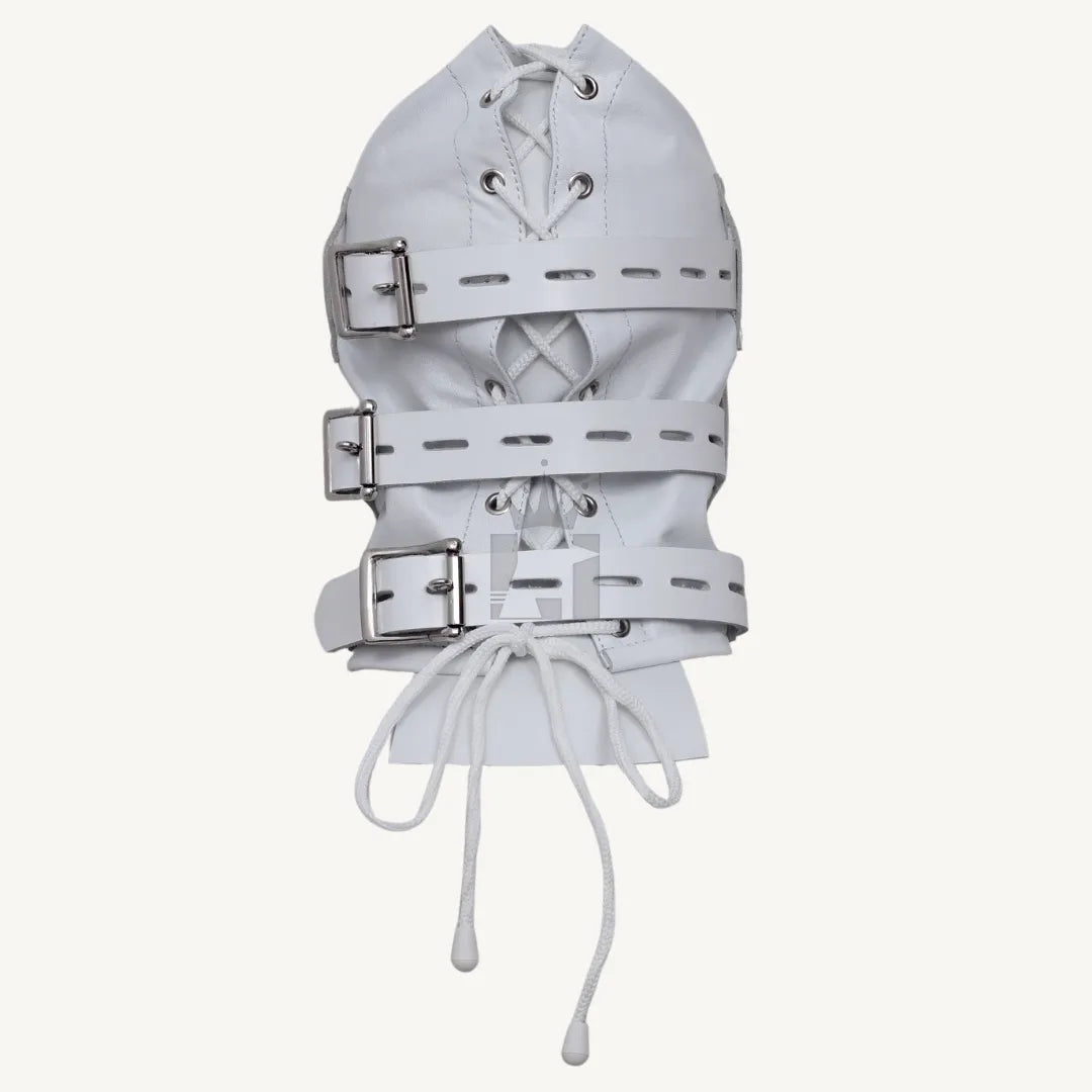 Rear view of white leather bondage hood with lace-up closure and three adjustable straps with buckles.