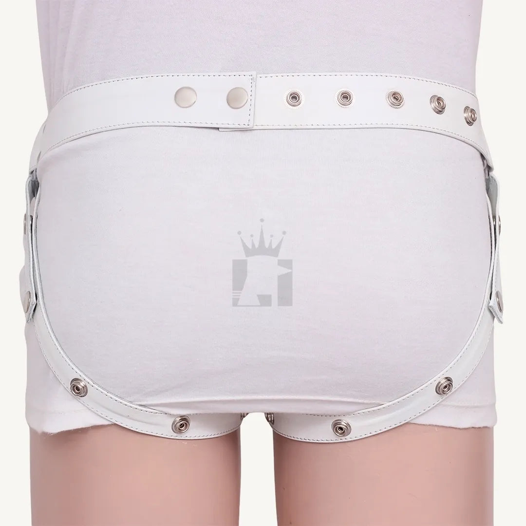 Rear view of leather jockstrap with wide waistband and snap-button leg straps wrapping under the buttocks.