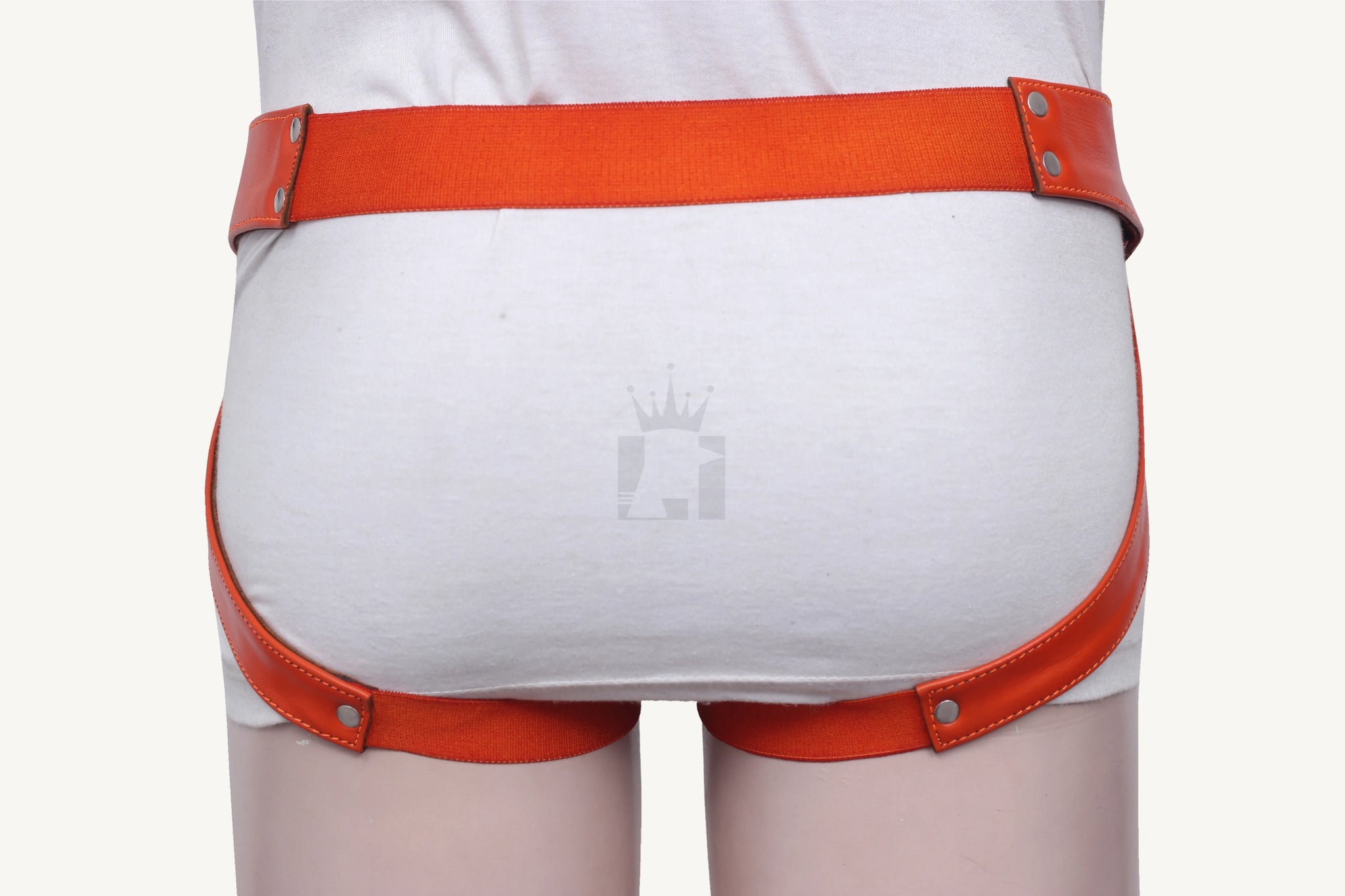 Rear view of leather jockstrap showing elastic waistband and supporting leg straps.