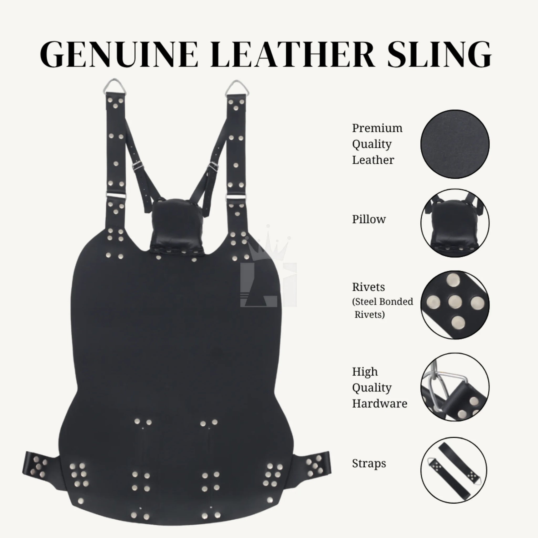 Infographic of the black leather sex  sling highlighting premium leather, pillow, steel rivets, hardware, and straps.