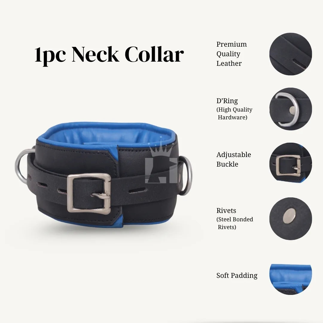 Adjustable black leather neck collar with soft blue padding, buckle closure, and dual side D-rings for bondage restraint.
