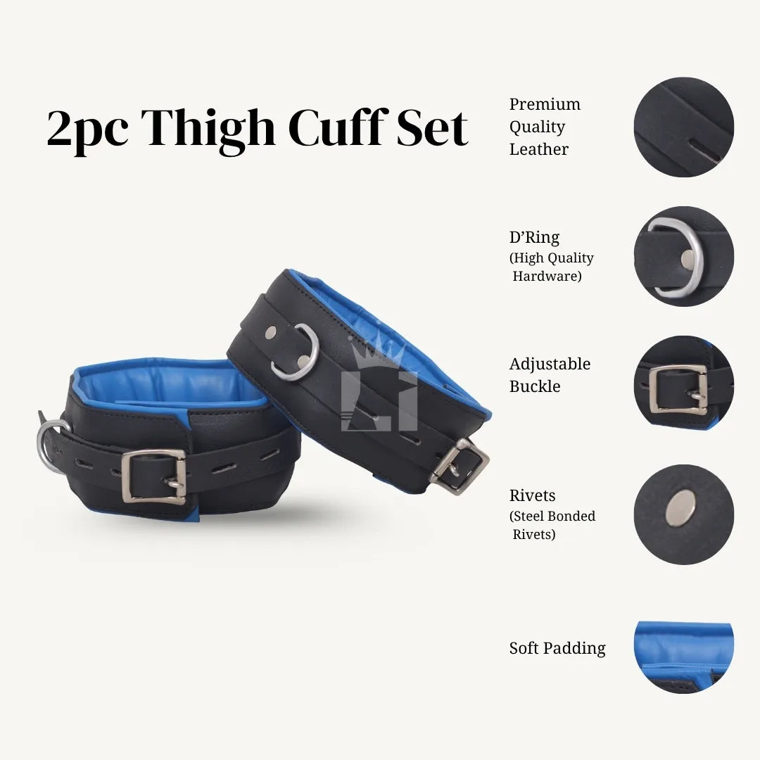 Pair of black leather thigh cuffs with blue padded lining, adjustable buckles, and strong D-rings for secure restraint.