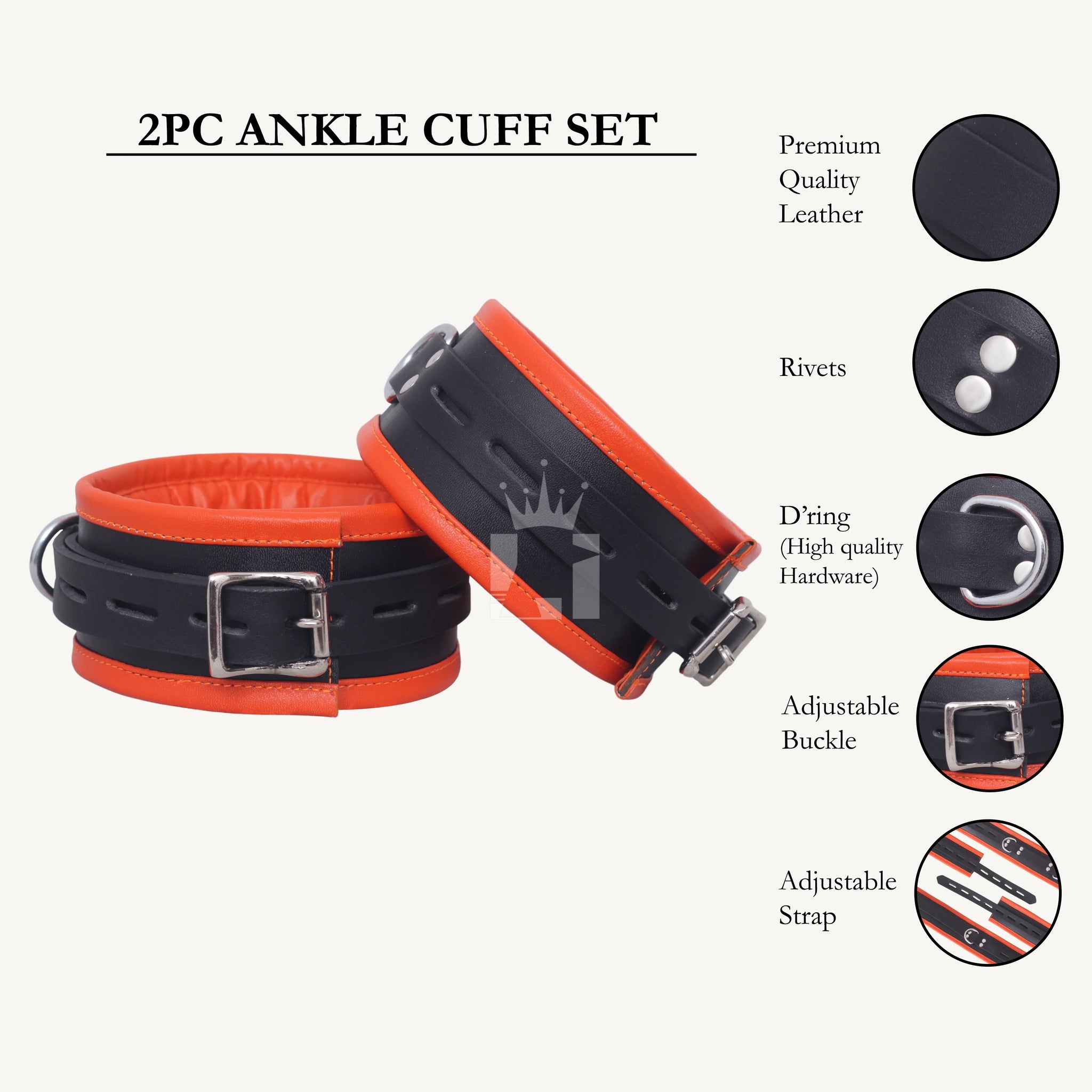 Front-facing view of two black and orange leather ankle cuffs, one upright with buckle, one angled showing strap and D-ring features