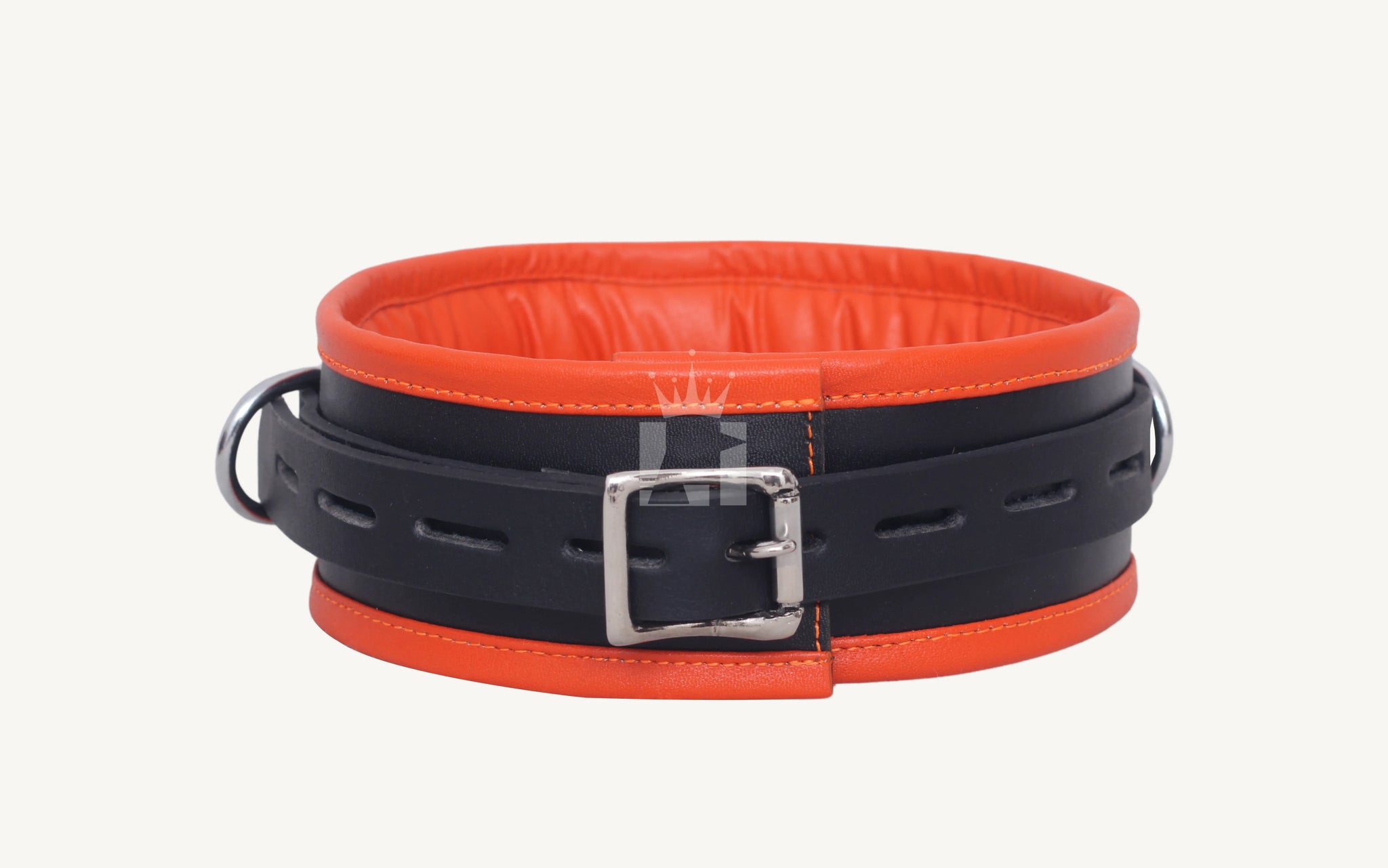 Close-up front view of a black and orange padded leather neck collar with buckle and D-rings on both sides