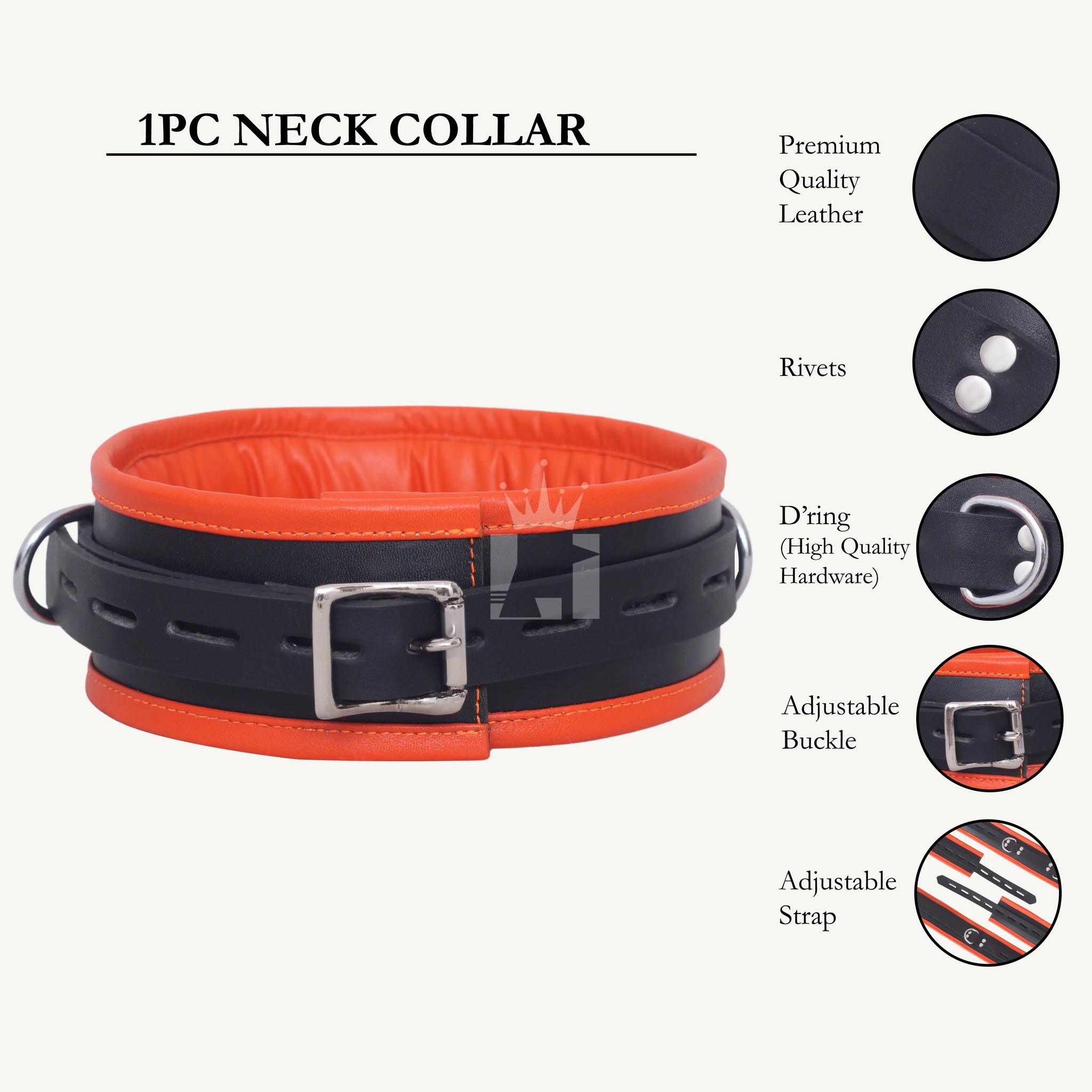Straight front view of a black and orange leather neck collar showing buckle closure and D-rings on the sides