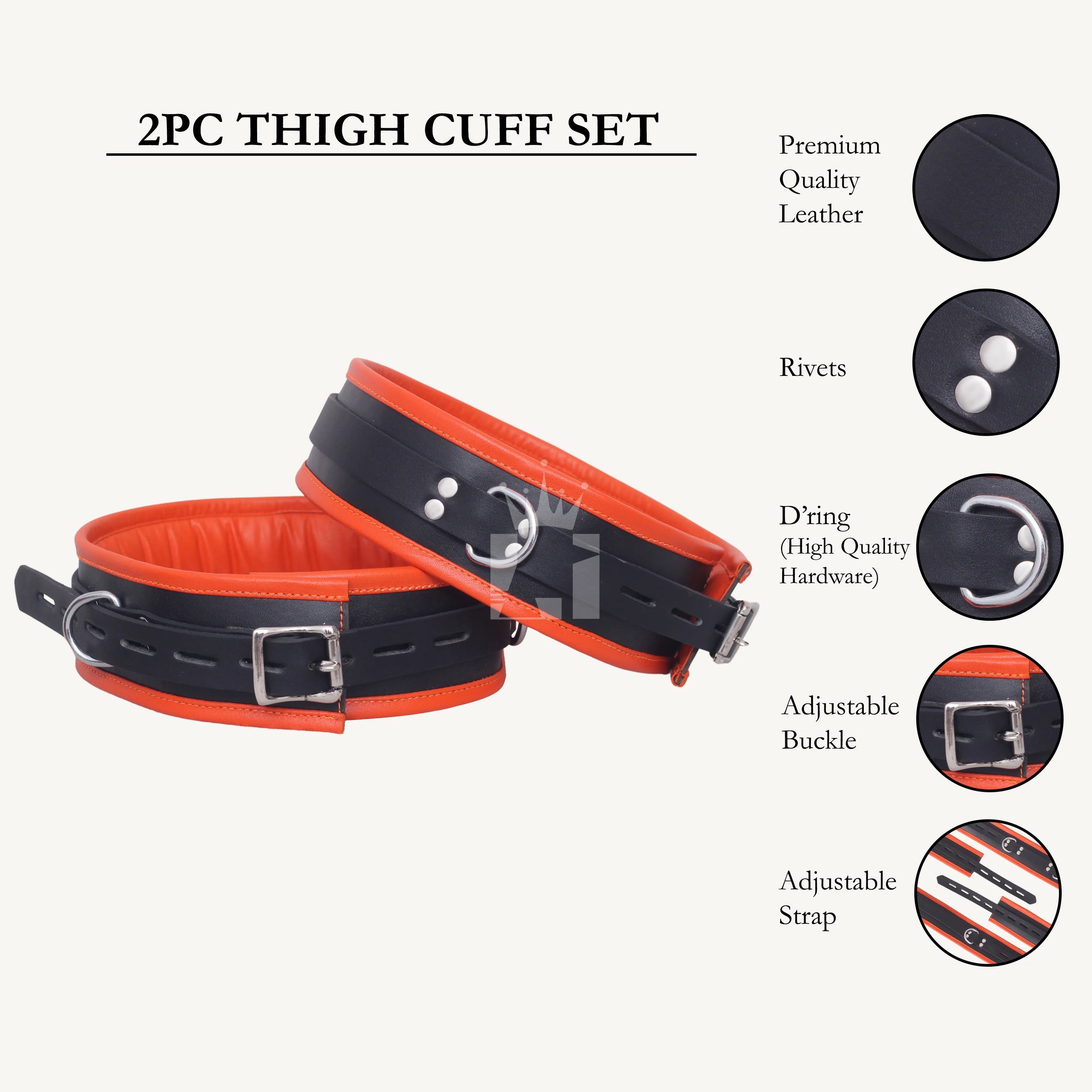 Front-facing view of two black and orange leather thigh cuffs, one upright with features highlighted, including buckle, D-ring, rivets, and strap