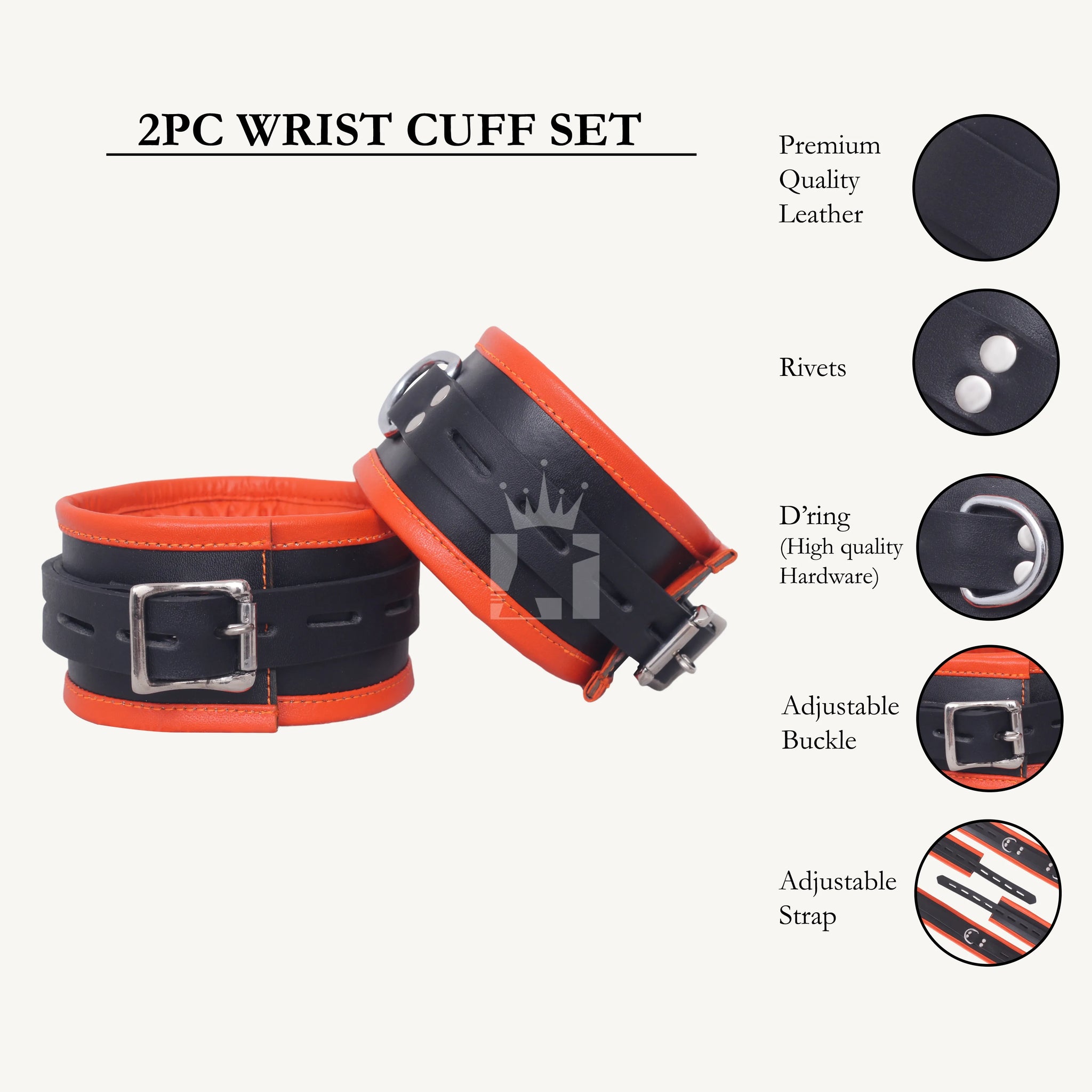 Front-facing view of a black and orange leather BDSM cuff set with features highlighted including buckle, D-ring, rivets, and strap