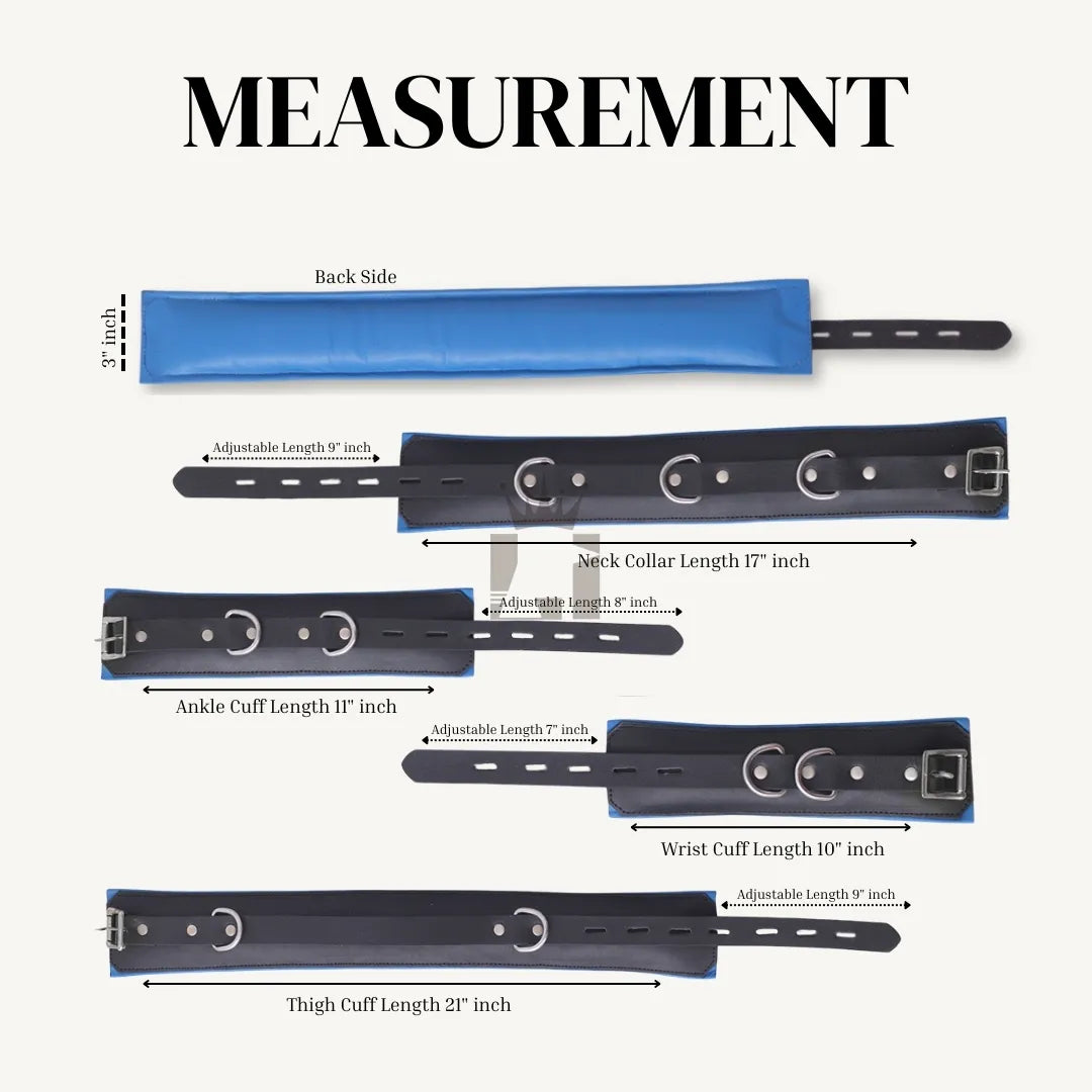 Size chart showing measurements of leather cuffs including neck collar, wrist cuffs, ankle cuffs, and thigh cuffs with adjustable lengths.