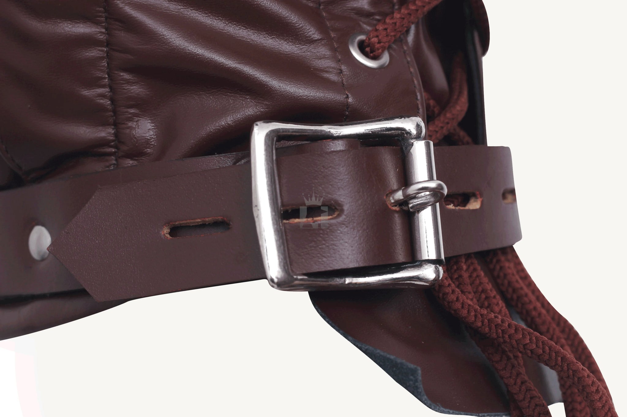 Close-up shot of a Bondage Hood with Adjustable Straps on a white background 