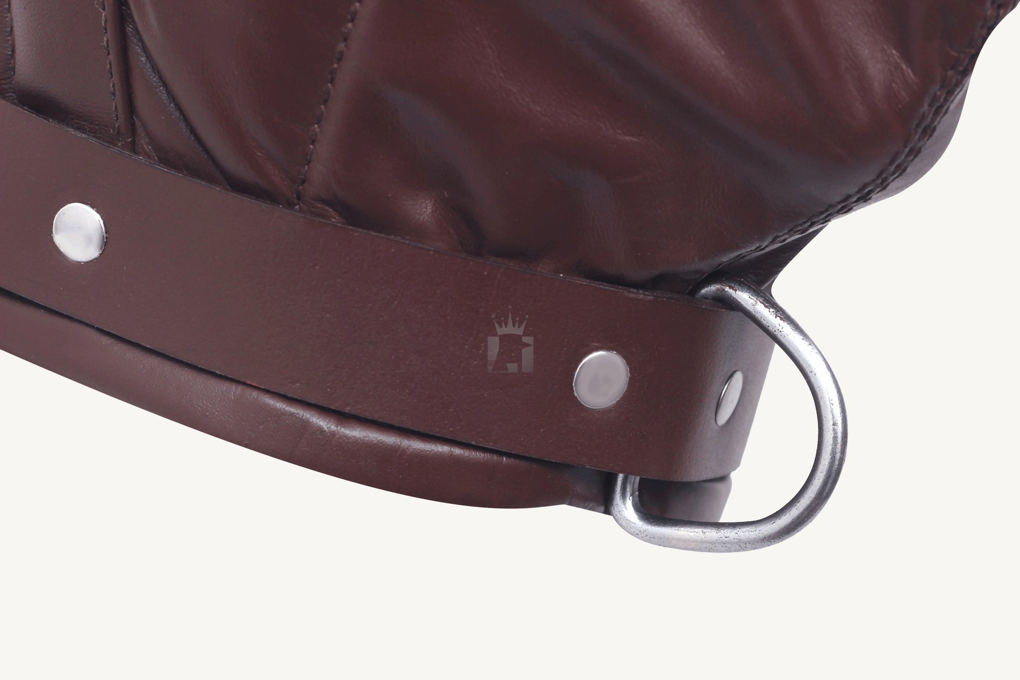 close-up shot of a brown Padded Leather Bondage Hood with D'ring and Adjustable Straps 