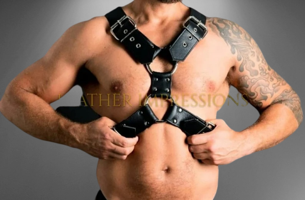 Model wear a Chest Leather Harness - Front Image
