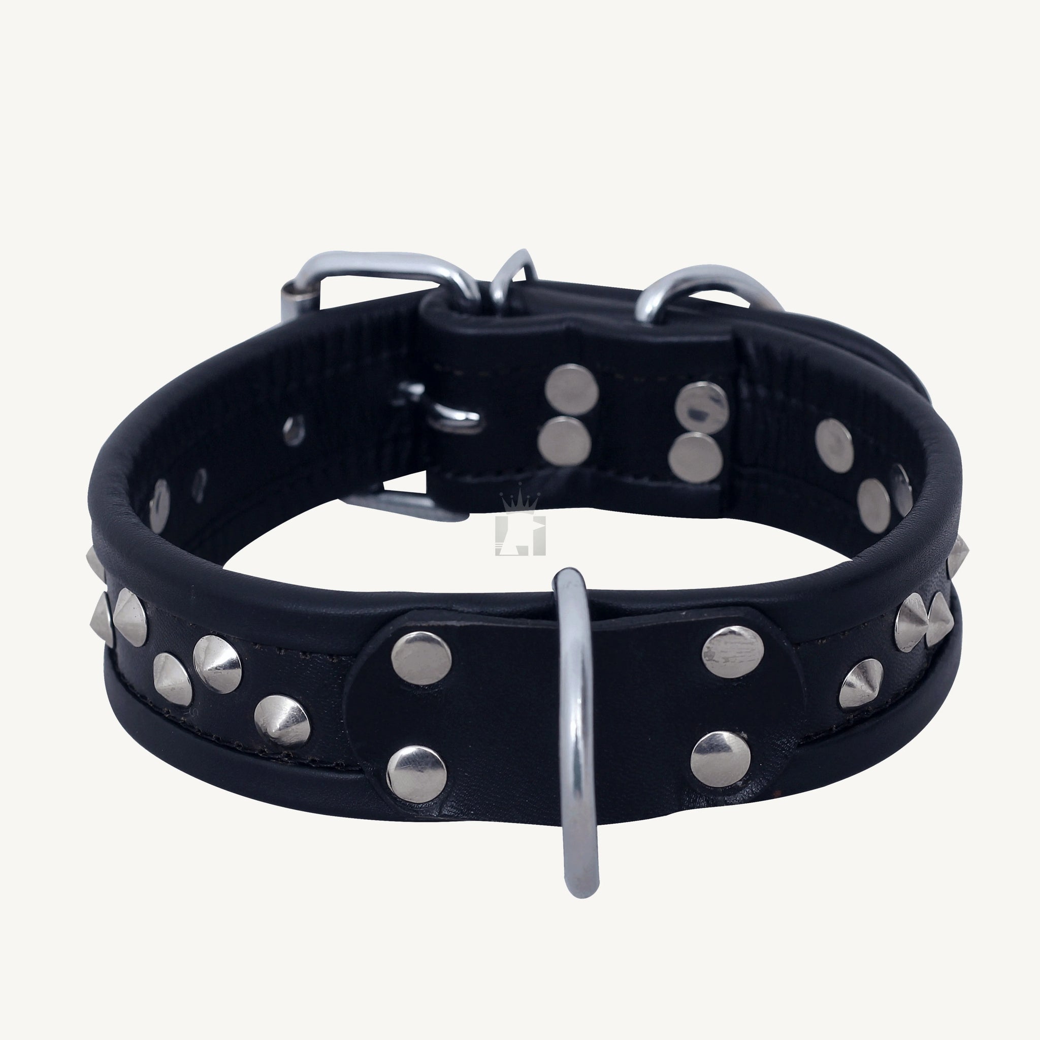 Back-side view angle of Genuine Leather Bondage Slave Collar with Cone Studs, D'rings and nickel-plated rivets, buckles on a white background