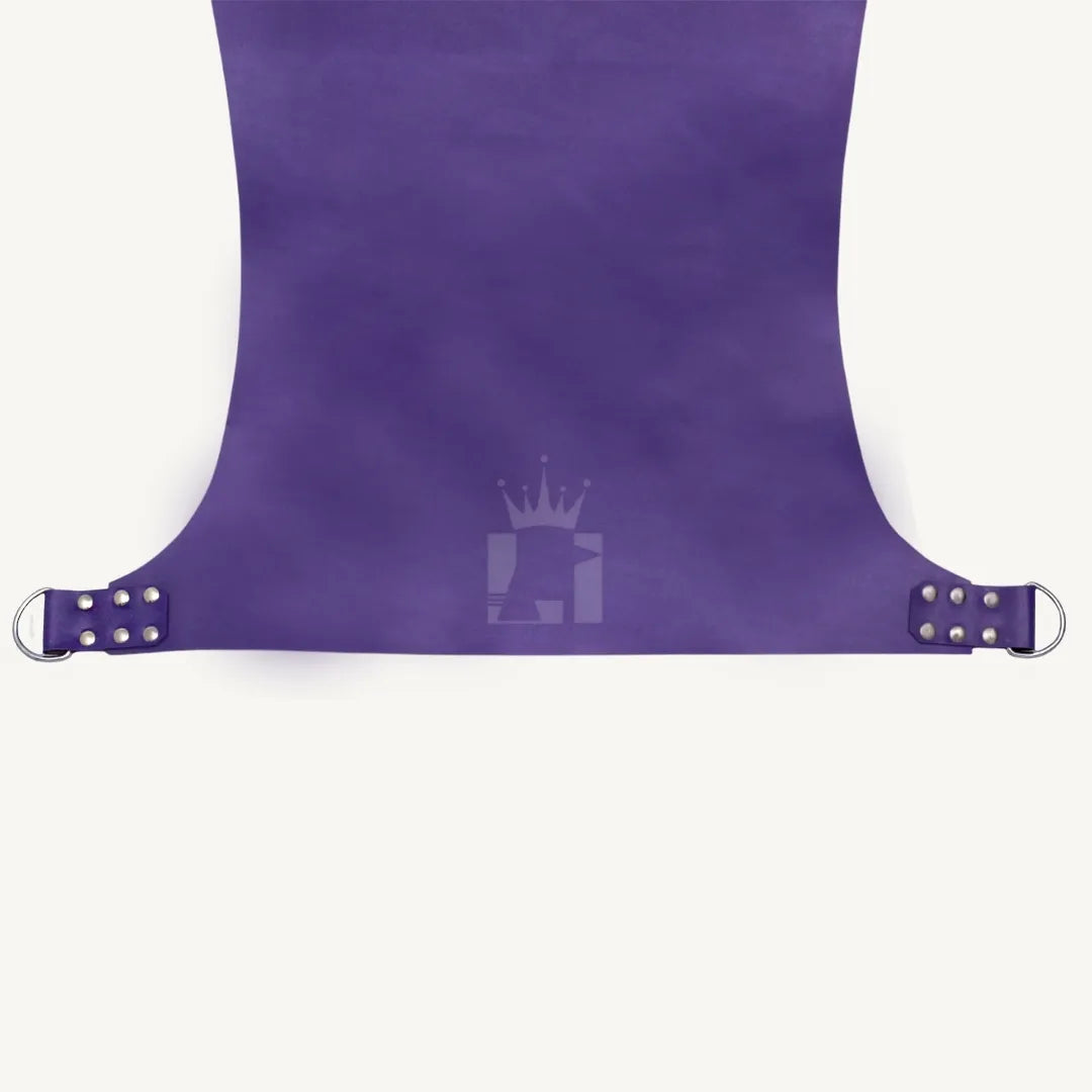 Bottom section of the purple leather sling showing riveted straps with D-ring hardware for secure support.