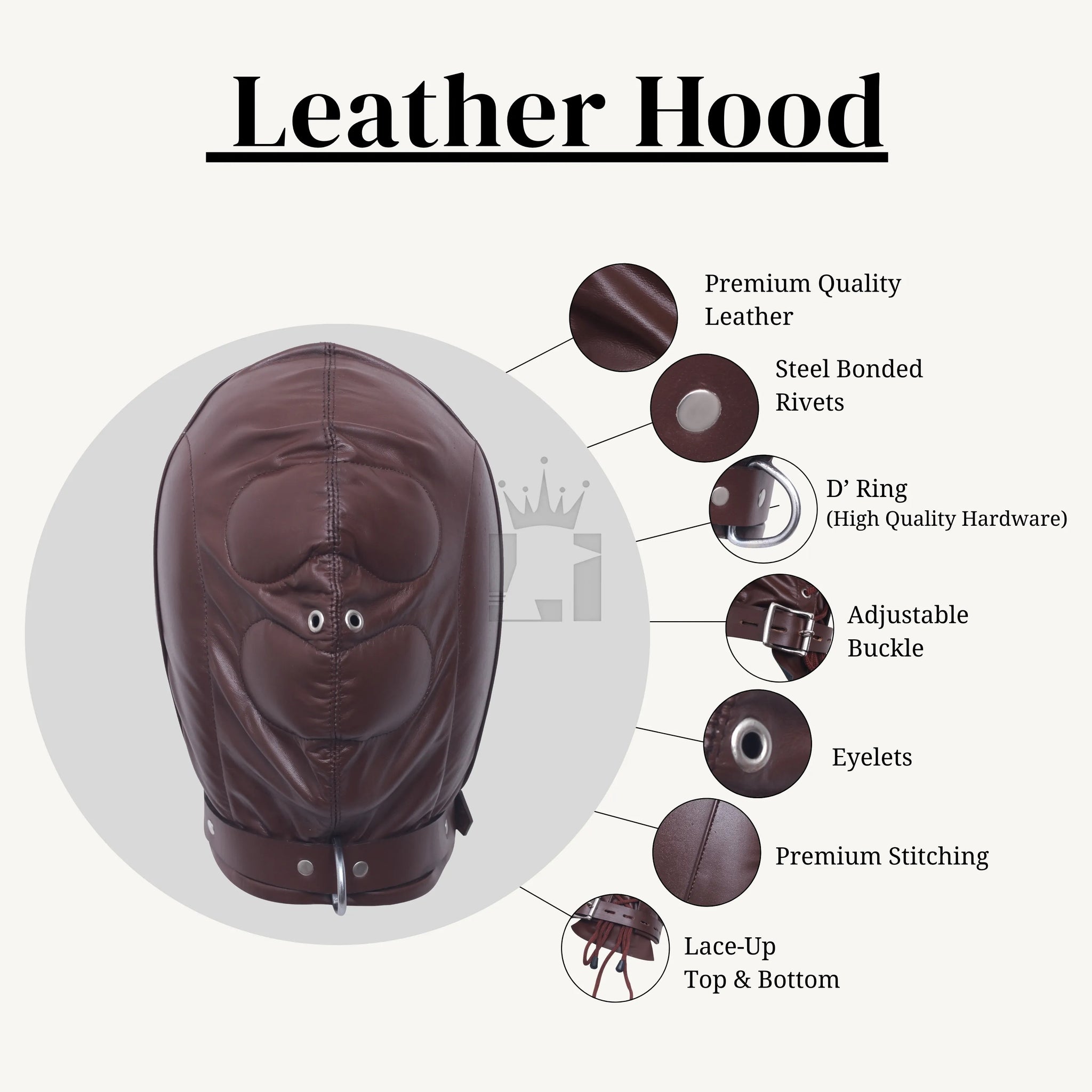 Brown leather hood displayed with labeled highlights showing premium stitching, adjustable buckle, D-ring, rivets, and lace-up design.