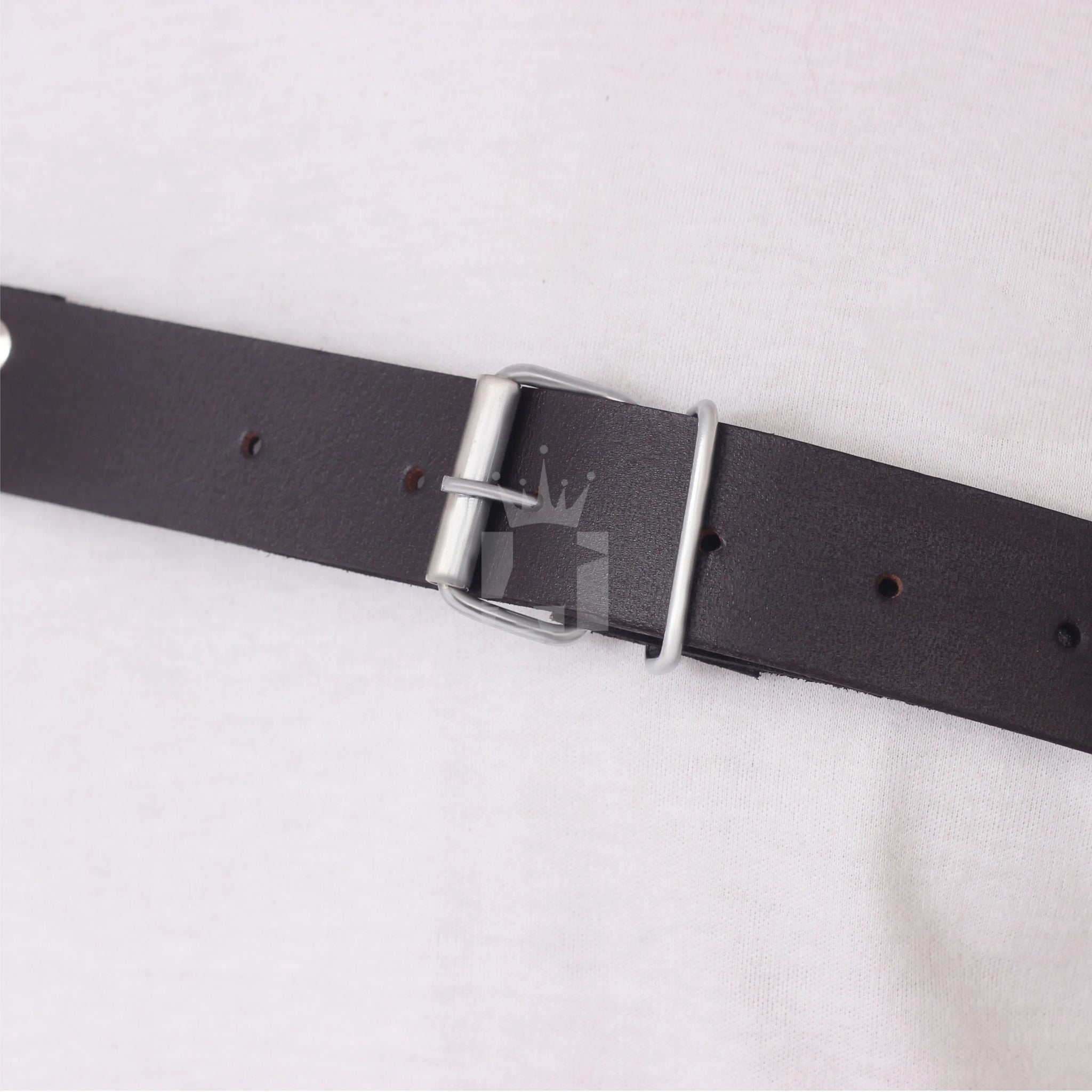 Close-up of silver adjustable buckle fastening brown leather harness strap.