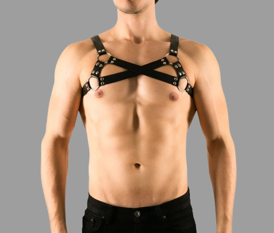 Front view image of model wearing Gay Leather Chest Harness