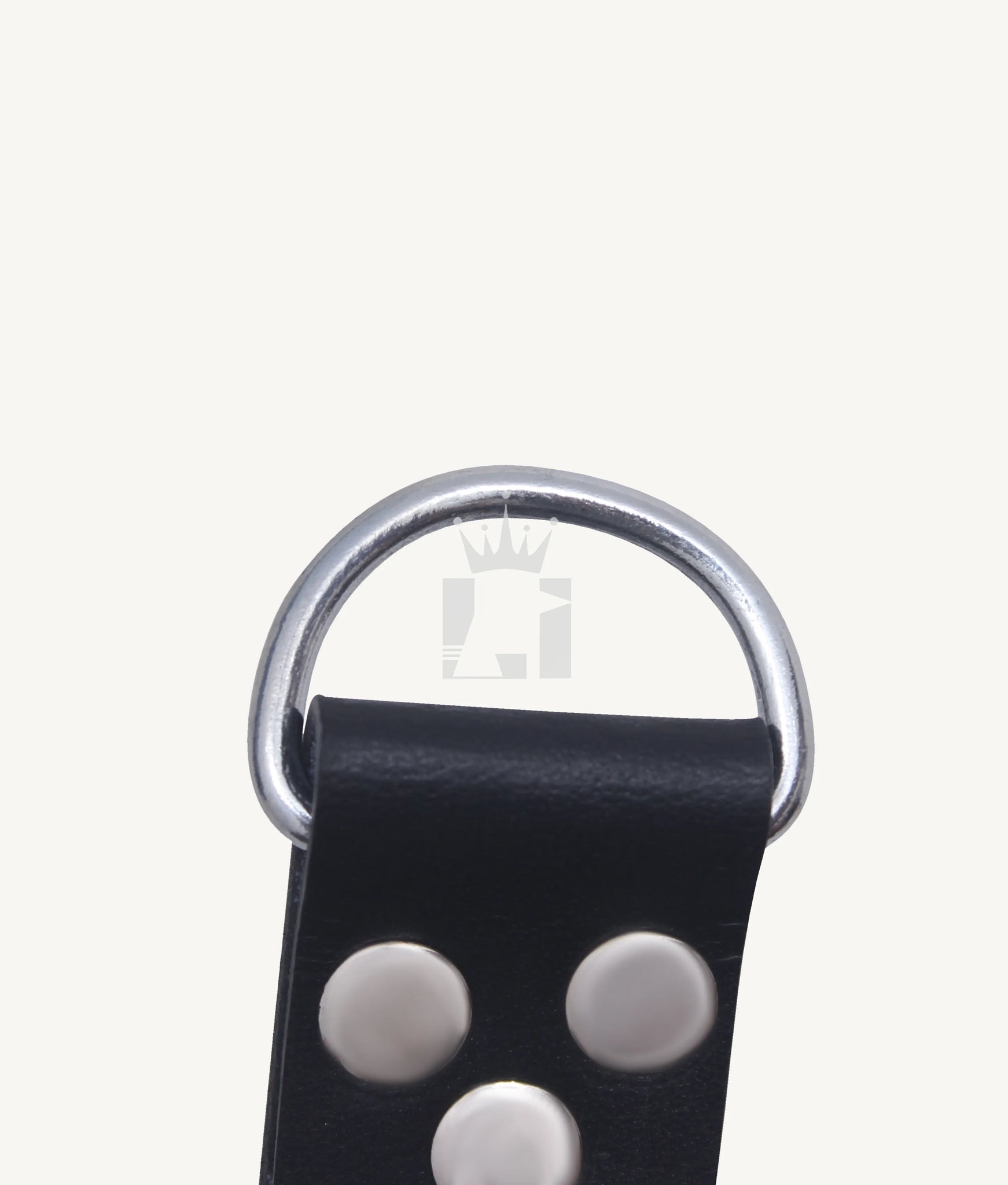 Detailed view of a strong silver D-ring attached to black leather strap with metal rivets.