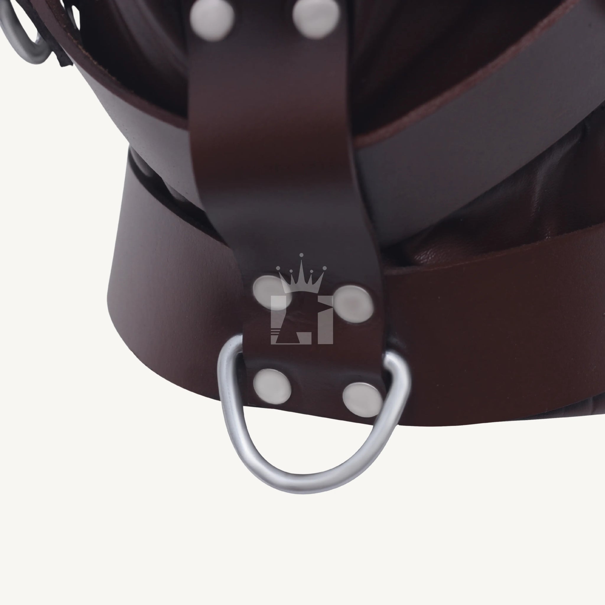 Detailed close-up of a silver D-ring attached with rivets to a brown leather bondage hood strap.