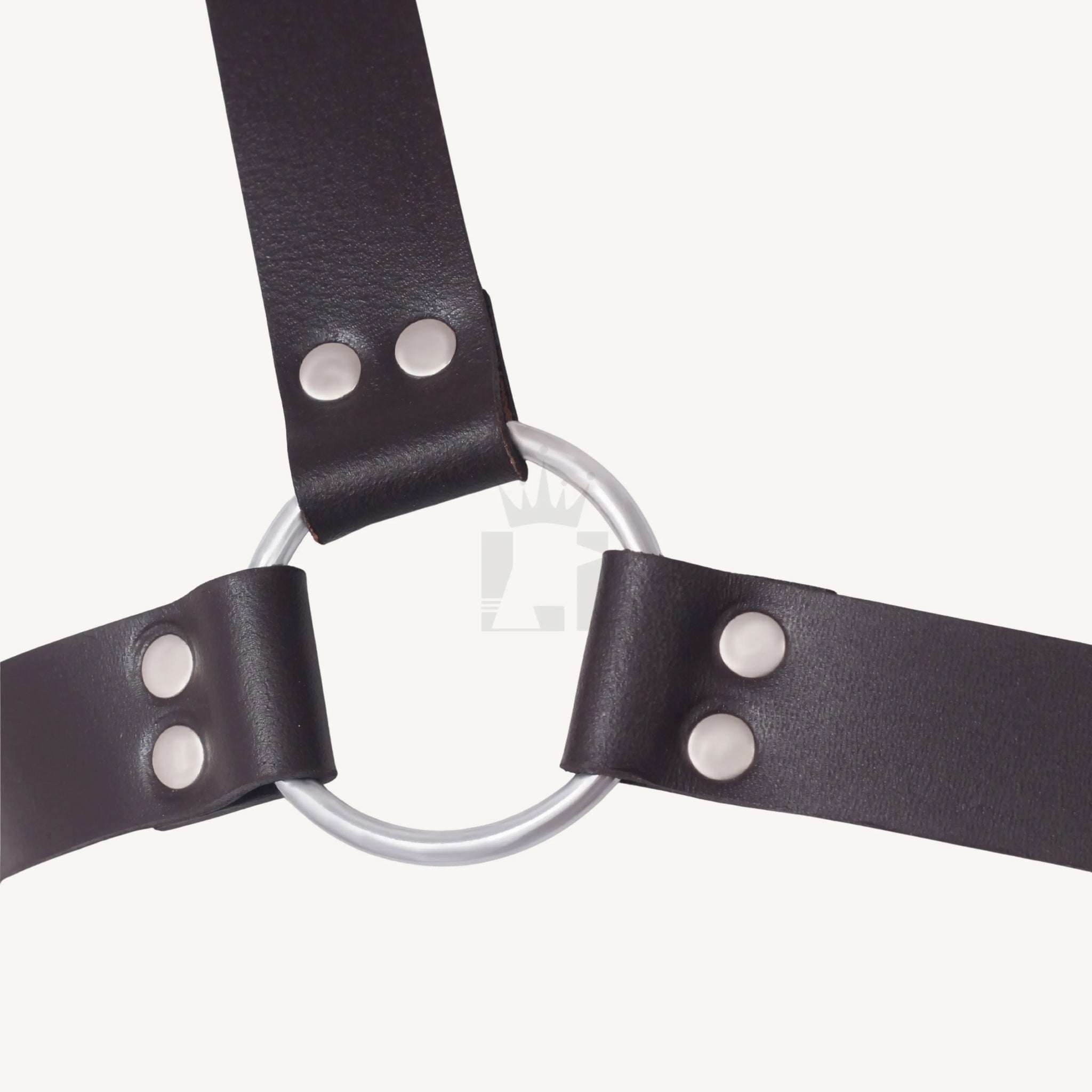 Detailed view of silver O-ring with riveted brown leather straps attached.