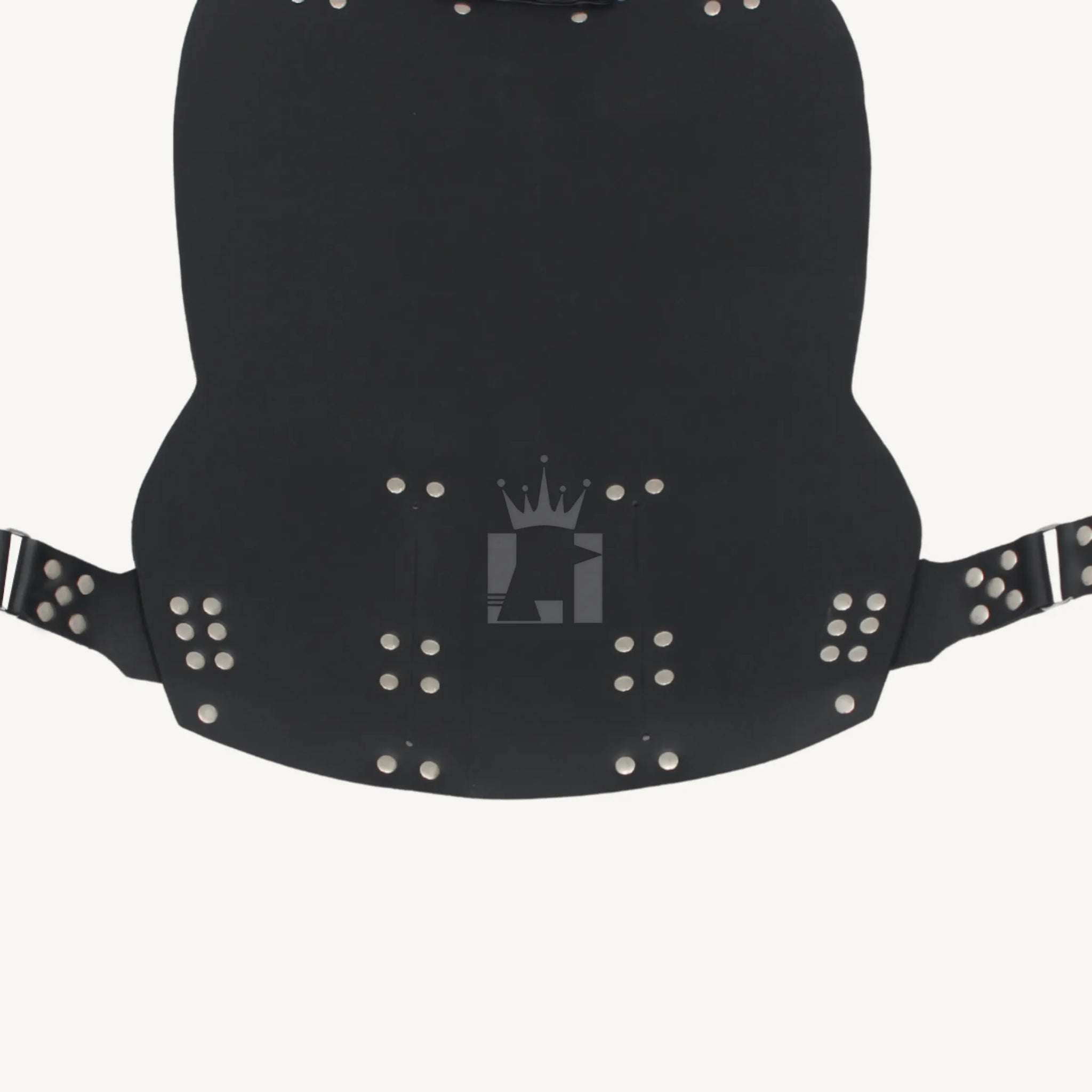 Bottom section of the black leather sex sling highlighting reinforced rivets and side strap connections.