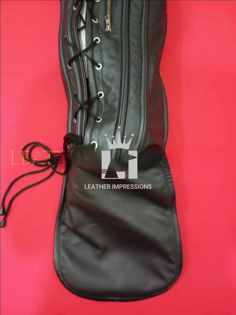 Close-shot of the footside of the handcrafted leather bondage sleepsack with laces and zip