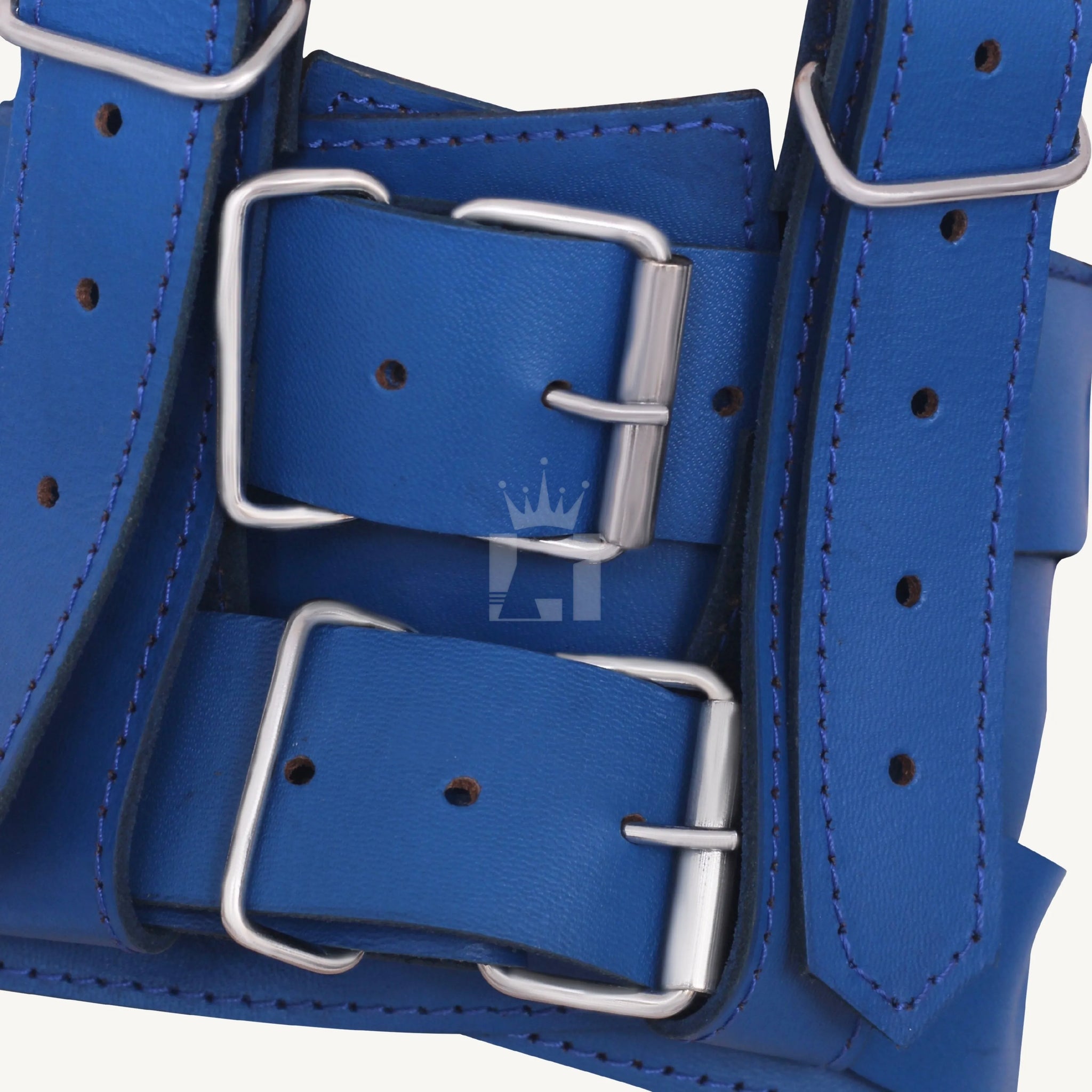 Close-up of double buckle fastening on the blue leather bondage muzzle for secure fitting.