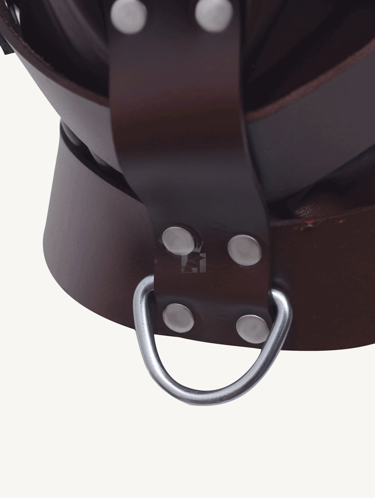 Close-up shot of a brow leather gay bondage hood with revets and d'ring on a white background