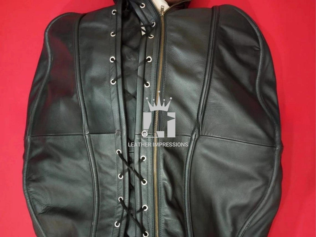 Close-up shot of the back of the leather bondage sleepsack with zip and laces for opening 
