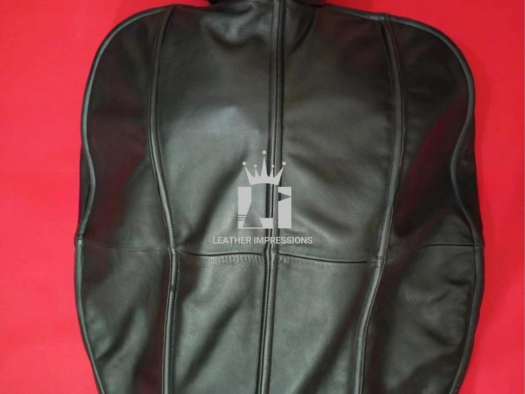 Close-up shot of the chest of the handcrafted full-body leather bondage sleepsack