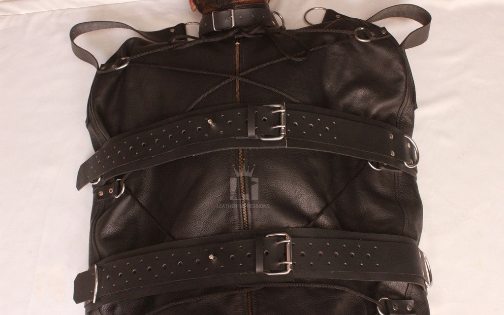 Close-up shot angle view of bondage leather sleepsack with strap, neck  restraint