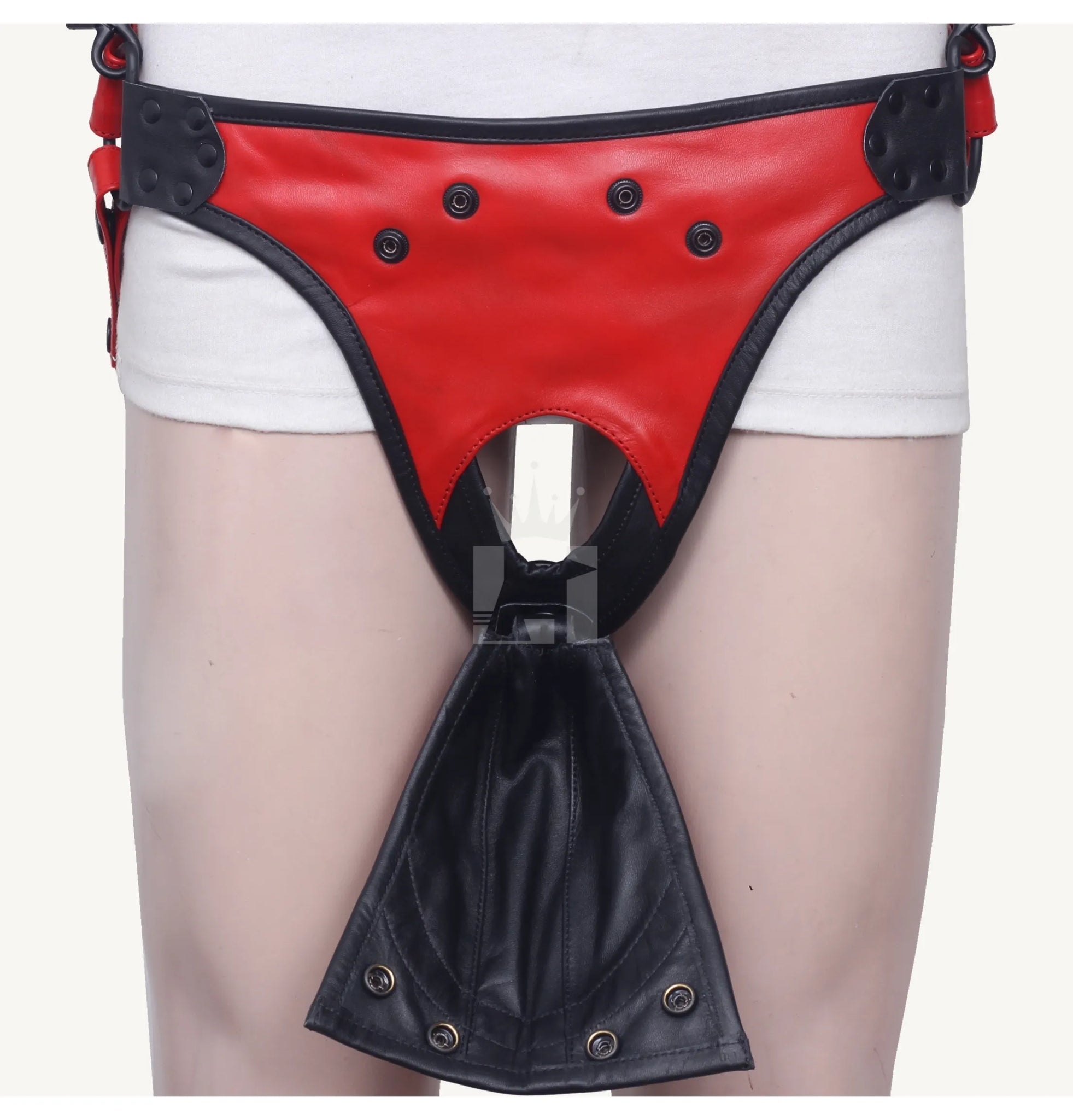 Closeup of open-back codpiece in red and black leather with detachable pouch design.