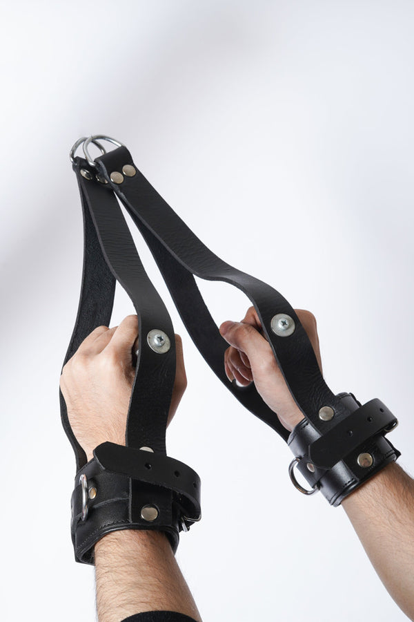 leather suspension cuffs, black bondage cuffs, black suspension cuffs